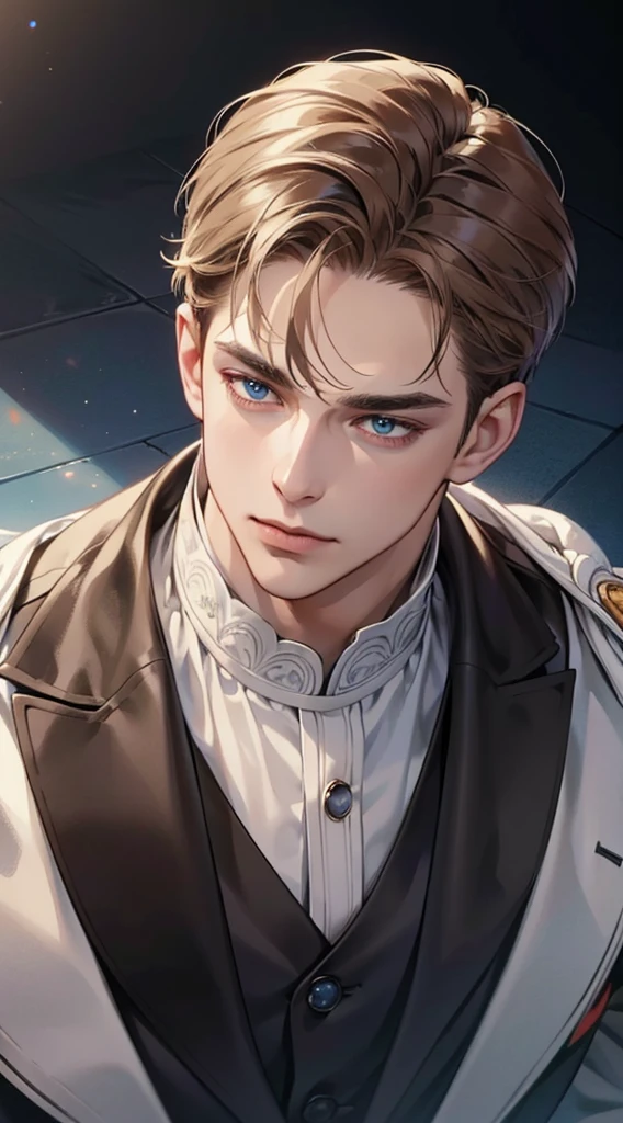 (best quality, masterpiece, 8K, photorealistic, cinematic lighting, 1:4 hdr image, top view, ultra detailed, beautiful image), a mature man, very handsome, short brown hair, blue eyes, perfect face without errors , (CEO).Duke. Era vitoriana.