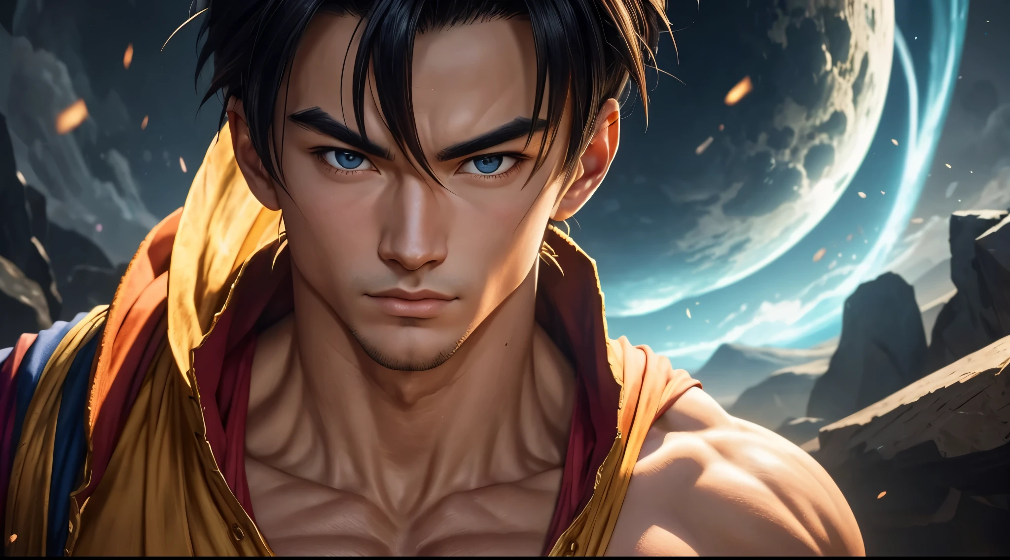 "(colorful picture 2.3) 20 year old Gohan is a true masterpiece with masculine beauty, perfect anatomy, perfect body, beautiful attractive eyes facing the viewer, you can clearly see every detail. every little detail and every detail, perfect lines, every little detail on the costume in 8K quality, people are attracted by the confidence radiating from every look, the face is drawn in great detail in high quality the 8K image quality, the battle in the background, which further boosted his confidence.”