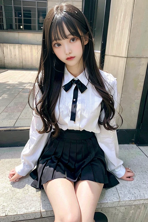 highest quality、masterpiece、15 years old、、slender、long hair、highly detailed face、fine eyes、double eyelid、face like an idol、beautiful face、cute、Japanese、girl、collared shirt、pleated skirt、knee high socks、Absolute area、baby face