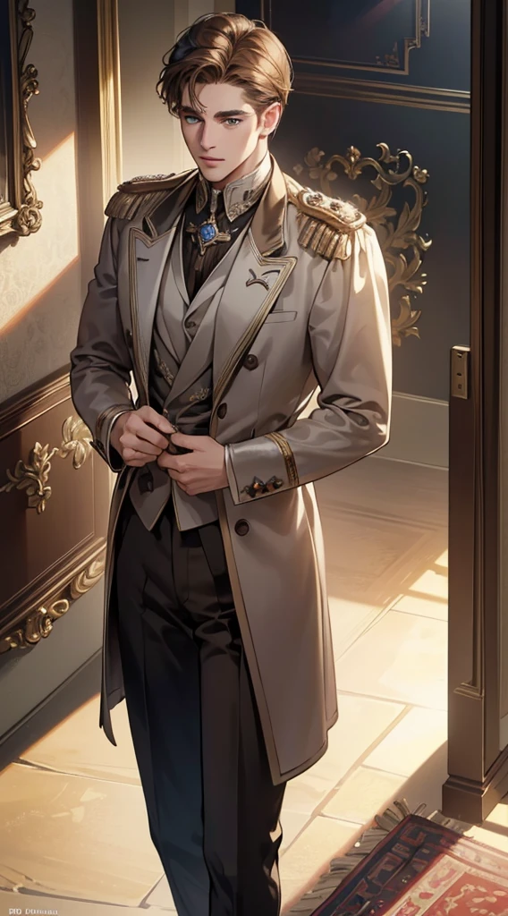 (best quality, masterpiece, 8K, photorealistic, cinematic lighting, 1:4 hdr image, top view, ultra detailed, beautiful image), a mature man, very handsome, short brown hair, blue eyes, perfect face without errors , (CEO).Duke. Era vitoriana. bailer.