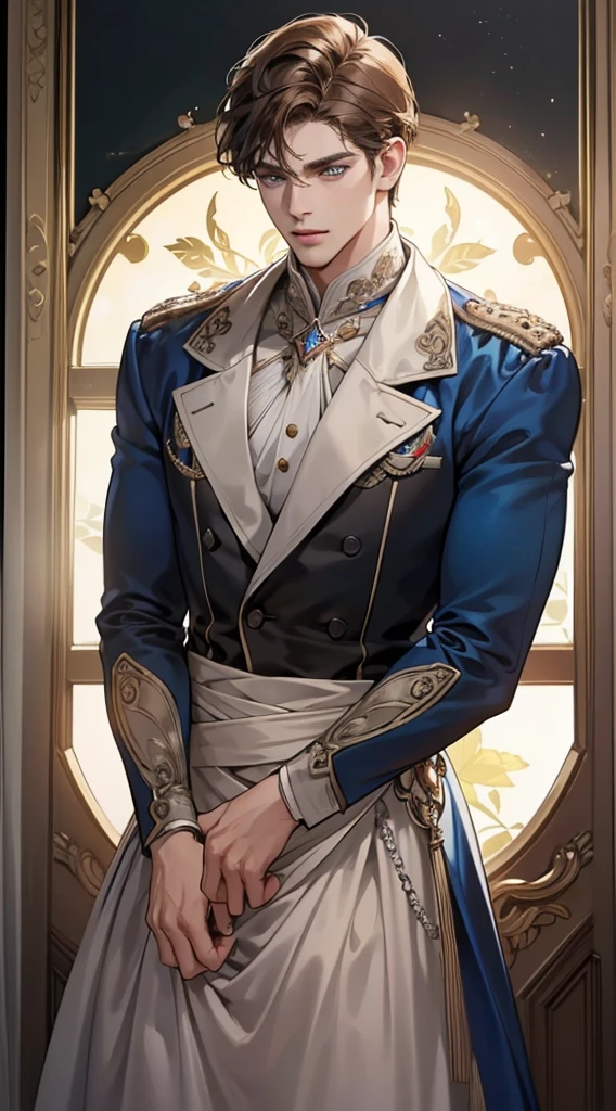 (best quality, masterpiece, 8K, photorealistic, cinematic lighting, 1:4 hdr image, top view, ultra detailed, beautiful image), a mature man, very handsome, short brown hair, blue eyes, perfect face without errors , (CEO).Duke. Era vitoriana. bailer.