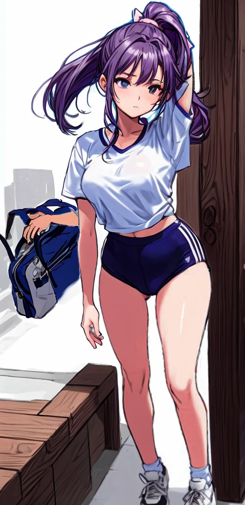 A tall beautiful woman with a mature face and beautiful legs, her long mauve-purple hair tied into a ponytail with a light pink ribbon, is standing in white gym clothes and navy blue bloomers shaped like panties.。school playground。
