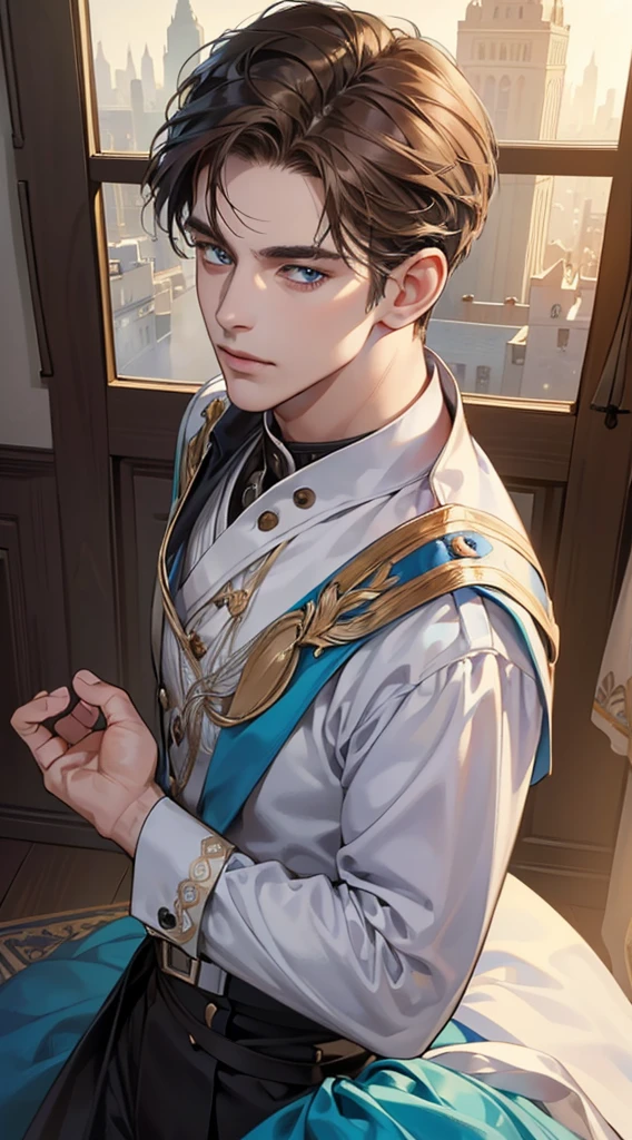 (best quality, masterpiece, 8K, photorealistic, cinematic lighting, 1:4 hdr image, top view, ultra detailed, beautiful image), a mature man, very handsome, short brown hair, blue eyes, perfect face without errors , (CEO).Duke. Era vitoriana. dance