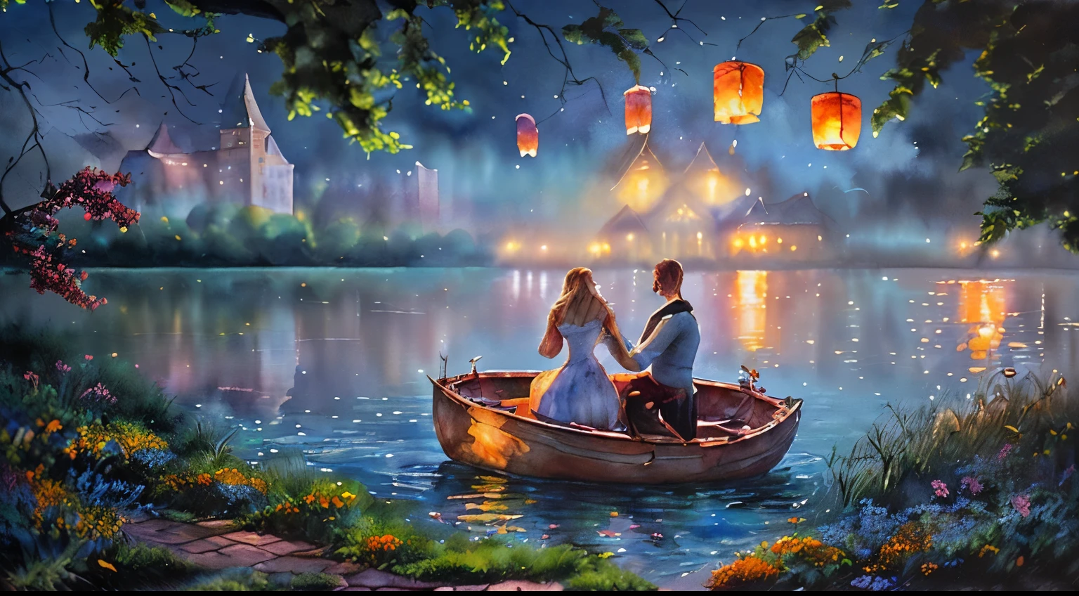 "WATERCOLOR ,SOFT AND VIBRANT COLORS,(((On a magical summer night under a starry sky)), the lanterns hang delicately from the trees, emitting a dim but vibrant light that illuminates a romantic scene on a boat where a BLOND couple in love sweetly embraces each other in the softness of the night breeze.((( Around them an explosion of radiant colors))) and soft blooming flowers, each petal appearing to have been carefully painted with fine watercolors and skillful brush strokes by a master artist. In the distance are the most beautiful houses that seem to have been taken from a children's fairy tale with their pointed roofs. and curved windows contrasting perfectly with the rest of the scene. It is an image that evokes the warmth and vitality of the artistic styles of Josephine Wall  , iwona lisches, catherine abel ,while transporting you to a dream world where love and beauty merge into a perfect harmony,TREES, SOFT FLOWERS, MAGIC CASTLE, SKY STARS LGHTING MASTERPIECE, ULTRA 4K , FANTASTIC VIEW, MASTERPIECE "(((perfect anatomy ,elegant,perfect face)))
