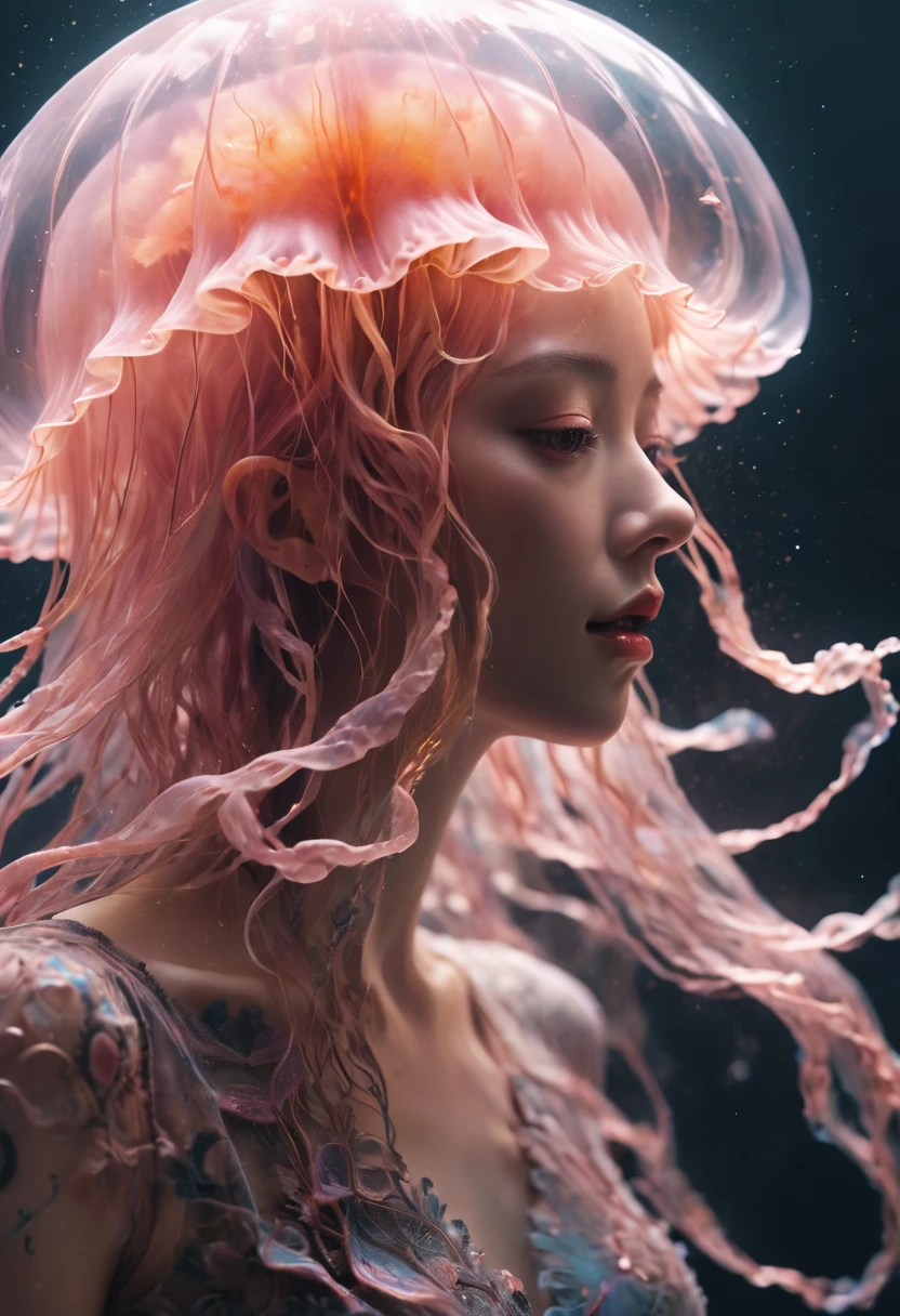 photo RAW, (Black and pink : Portrait of a ghostly jellyfish, shiny aura, highly detailed, gold filigree, intricate motifs, organic tracery, by Android jones, Januz Miralles, Hikari Shimoda, glowing stardust by W. Zelmer, perfect composition, smooth, sharp focus, sparkling particles, lively coral reef background Realistic, realism, hd, 35mm photograph, 8k), masterpiece, award winning photography, natural light, perfect composition, high detail, hyper realistic
