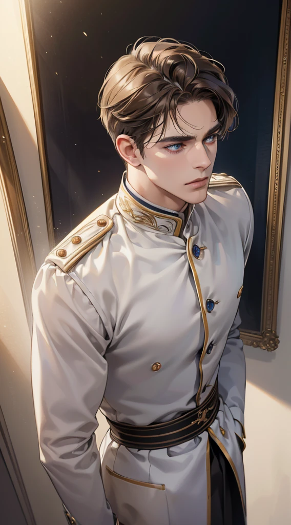 (best quality, masterpiece, 8K, photorealistic, cinematic lighting, 1:4 hdr image, top view, ultra detailed, beautiful image), a mature man, very handsome, short brown hair, blue eyes, perfect face without errors , (CEO).Duke. Era vitoriana. dentro da carruagem.
