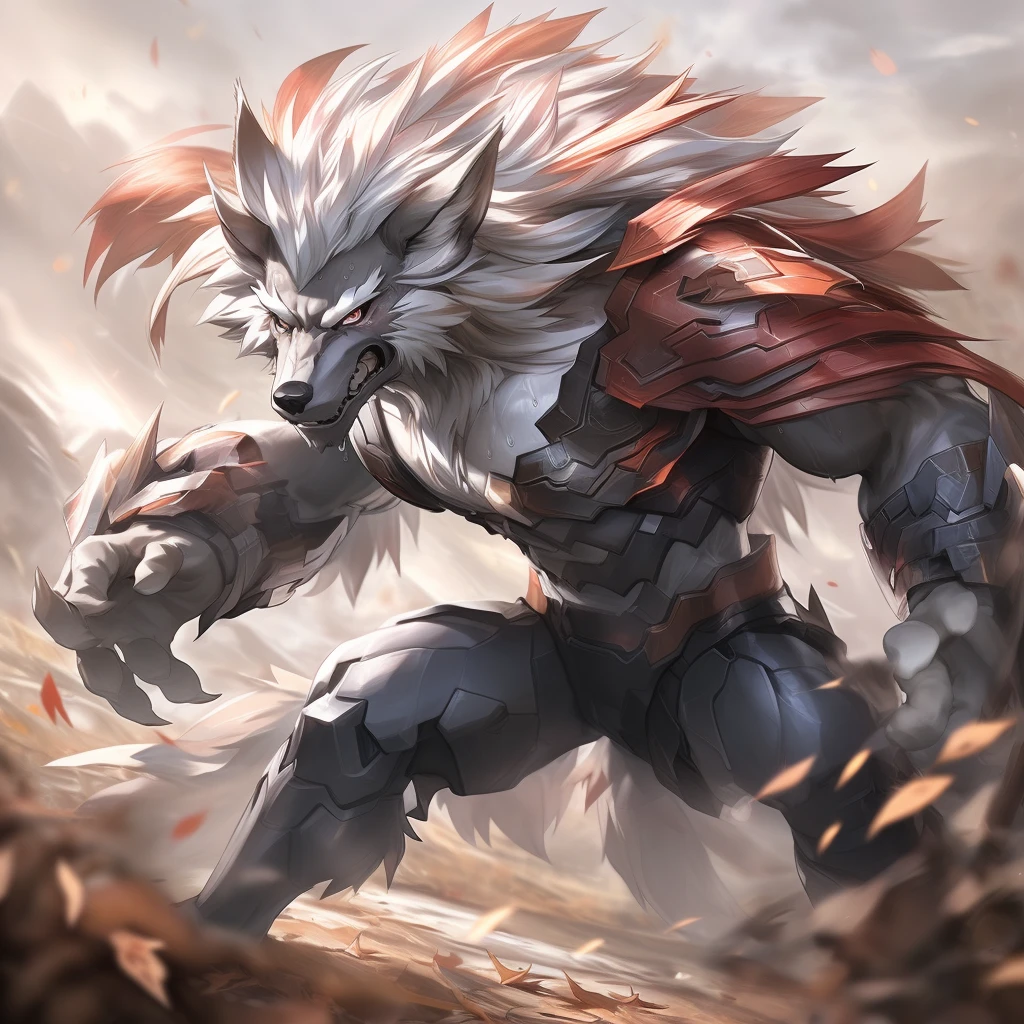 (upload on e621), (Masterpiece), (best quality), (ultra high res), 4K, (8k HD), 2D, (perfect anatomy), (digital art), (official art), (extreme detailed), (ultra detailed), (strapsanime), color, (soft shading), (sharp focus), (1boy:1.1),(solo:1.1), detailed fluffy fur, (ultra detailed face), detailed eyes, detailed iris eyes,muscular male,hi res,8k hd,extreme detail,detailed background,masterpiece,muscular,muscular anthro,(sweat:1.4),aged up,(looking at viewer:1.1),[(white background:1.4), ::2],solo,mid shot,full body,meadow,(Fallen leaves:1.1),grass,(Maple leaf:1.1),(rock:1.1),Stream,(rivers:1.1),fight pose, (langshu:1.3),wolf boy,facial hair,Thick eyebrows,grey body,wolf ears,white hair,long hair,wolf tail,claw,by lindong,by null-ghost,detailed red eyes,white sclera