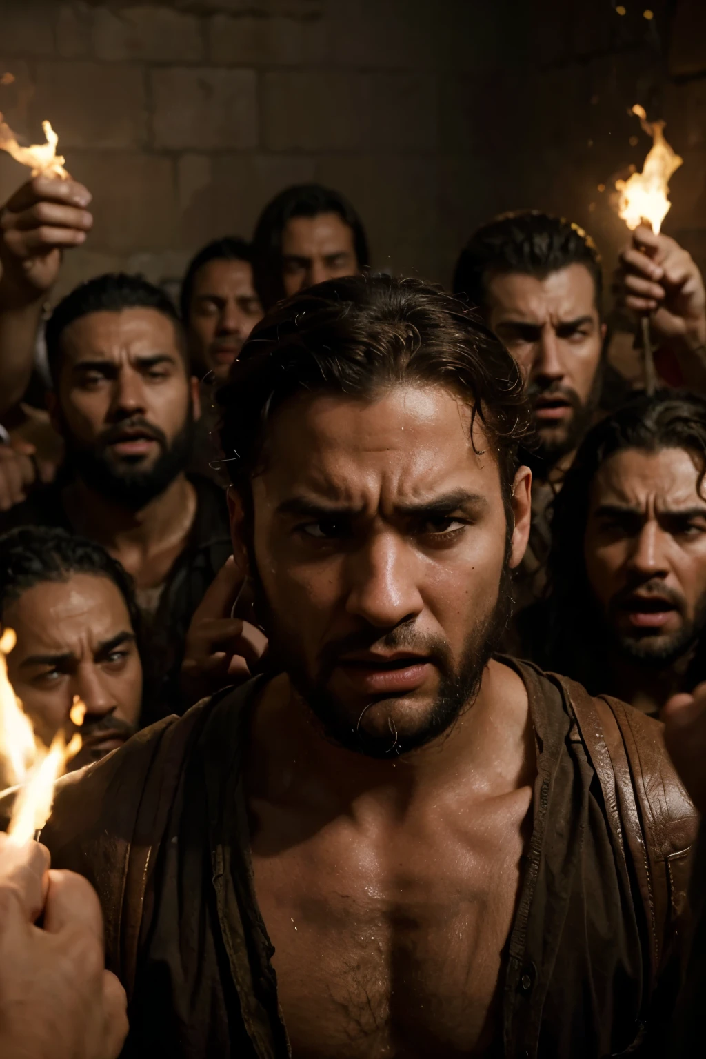 "Vividly describe a scene from Biblical times in which a group of Hebrew men are gathered together, their facial expressions filled with anger and hatred. Highlight the details, such as the furrowed creases in their foreheads, the penetrating gases, and the clenched fists, while the tension in the air is palpable. Capture the intensity of the moment, including visual elements that reinforce the emotionality and historical context of the scene."