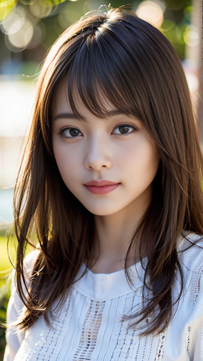(8k, RAW photo, best quality, masterpiece:1.2), (realistic, photo-realistic:1.37), ultra-detailed, ultra high res,1 girl,looking at viewer,beautiful detailed face,smile,narrow,(slim waist:1.3),shirt, beautiful detailed skin, skin texture, floating hair,professional lighting,