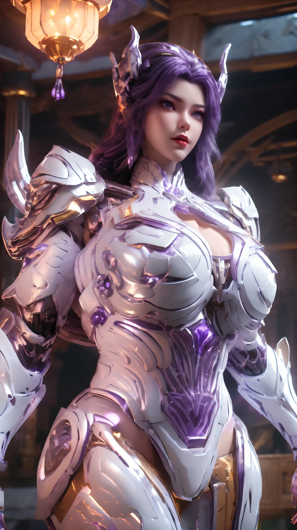 A BUSTY MILF, PORTRAIT,UPPER BODY,SOLO,(BEAUTY purple HAIR, GOLD DRAGON HORN), (MASSIVE FAKE BOOBIES,CLEAVAGE TOP,MUSCLE ABS:1.5), ((WEARING OUTFIT (LED PURPLE, WHITE, BLACK) SHINY ROBOT MECHANICAL BIKINI ARMOR:1.5)),(CURVY VOLUPTUOUS BODY MATURE WOMAN:1.5), (SWEATY GLOSSY BODYSKIN:1.5), (LOOKING AT VIEWER:1.5),(BACKGROUND FUTURISTIC SPACE STATION:1), (PHOTOREALSITIC:1.4), (ULTRA-DETAILLIERT), (TOP-QUALITY), (BEST SHADOWS), BRIGHT LIGHT IN ROOM, HYPER TEXTURE, (4X MSAA), ((UNREAL ENGINE 5 RENDER)), PHYSICALLY-BASED RENDERING, ULTRA HIGHT DEFINITION, 16K, 1080P.