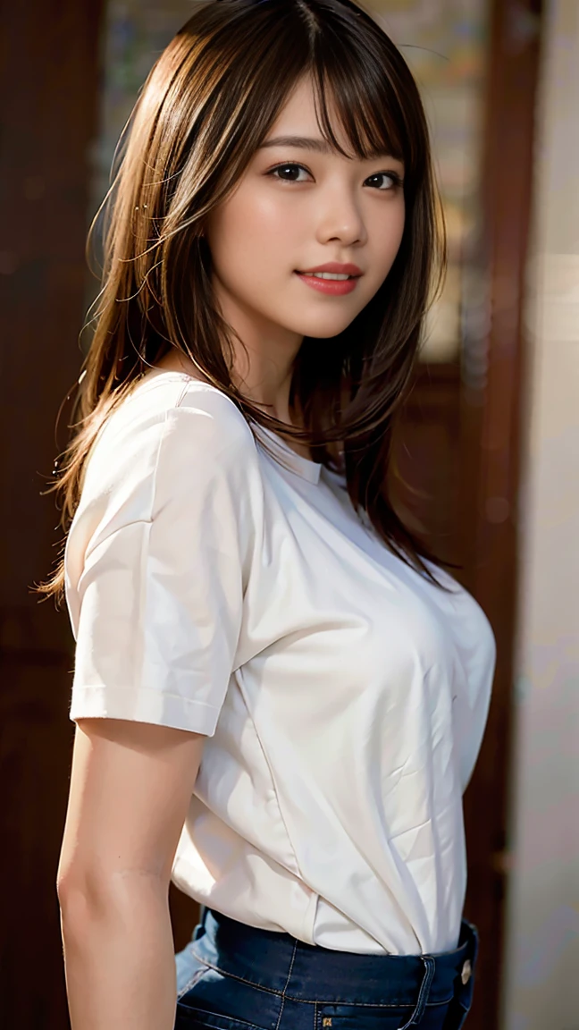 (8k, RAW photo, best quality, masterpiece:1.2), (realistic, photo-realistic:1.37), ultra-detailed, ultra high res,1 girl,looking at viewer,beautiful detailed face,smile,narrow,(slim waist:1.3),shirt, beautiful detailed skin, skin texture, floating hair,professional lighting,