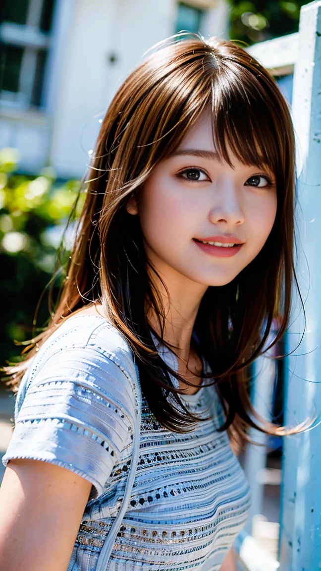 (8k, RAW photo, best quality, masterpiece:1.2), (realistic, photo-realistic:1.37), ultra-detailed, ultra high res,1 girl,looking at viewer,beautiful detailed face,smile,narrow,(slim waist:1.3),shirt, beautiful detailed skin, skin texture, floating hair,professional lighting,