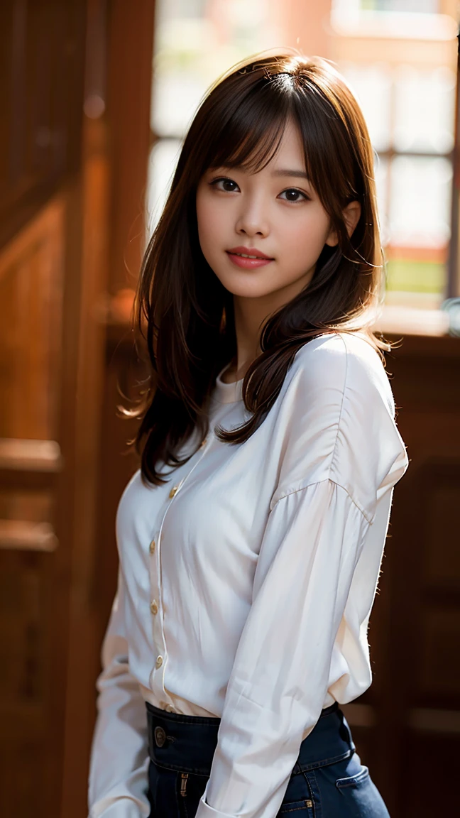 (8k, RAW photo, best quality, masterpiece:1.2), (realistic, photo-realistic:1.37), ultra-detailed, ultra high res,1 girl,looking at viewer,beautiful detailed face,smile,narrow,(slim waist:1.3),shirt, beautiful detailed skin, skin texture, floating hair,professional lighting,