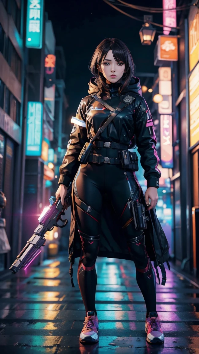 An ultra-realistic and ultra-detailed ((full body portrait)) Intricate Anime Manga Spy Goddess with dark hair, Sneakers, hearts, Standing And Aiming A Bulky Oversized Silenced Gun, Netrunner, Vigilante, Classy, Sassy, Fantastic Colorful Digital Topical Map 🗺️ Background, Futuristic Fashion Minimalistic Military Clothing, Augmented Reality, Futuristic Rainbow Glowing Presence Of Absolution And Fantastical Force, Sharp Camera Focus, Visual-Depth, Highly Detailed, (Highest Artistic Quality), Over 8k, Upscaled4x.