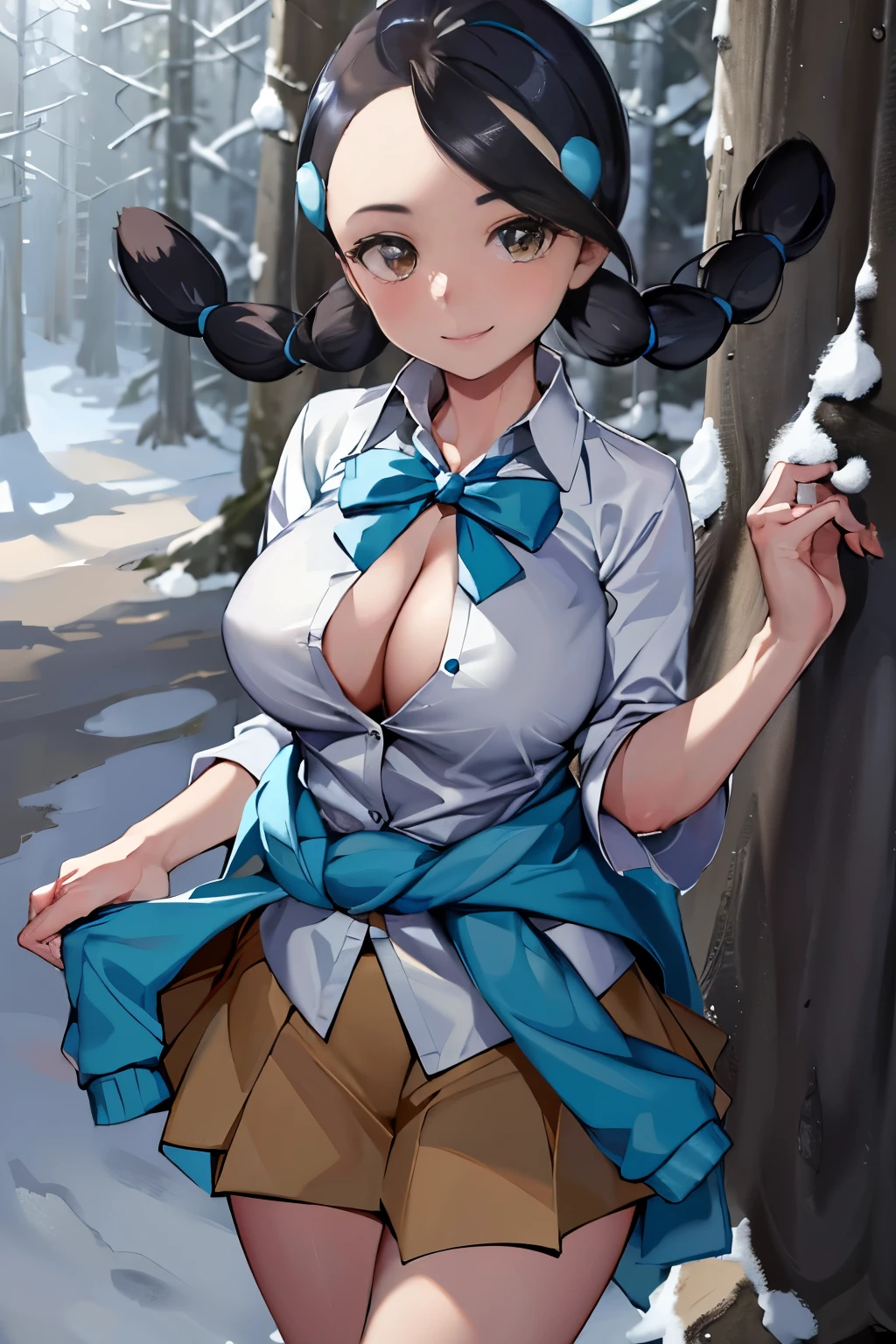 ((masterpiece,best quality)), absurdres, Candice_Pokemon,  hair ornament, twintails,  hairclip, striped socks, bowtie,  sweater around waist, brown skirt,  solo, smiling, looking at viewer, cowboy shot, snowy forest, cleavage visible through buttons