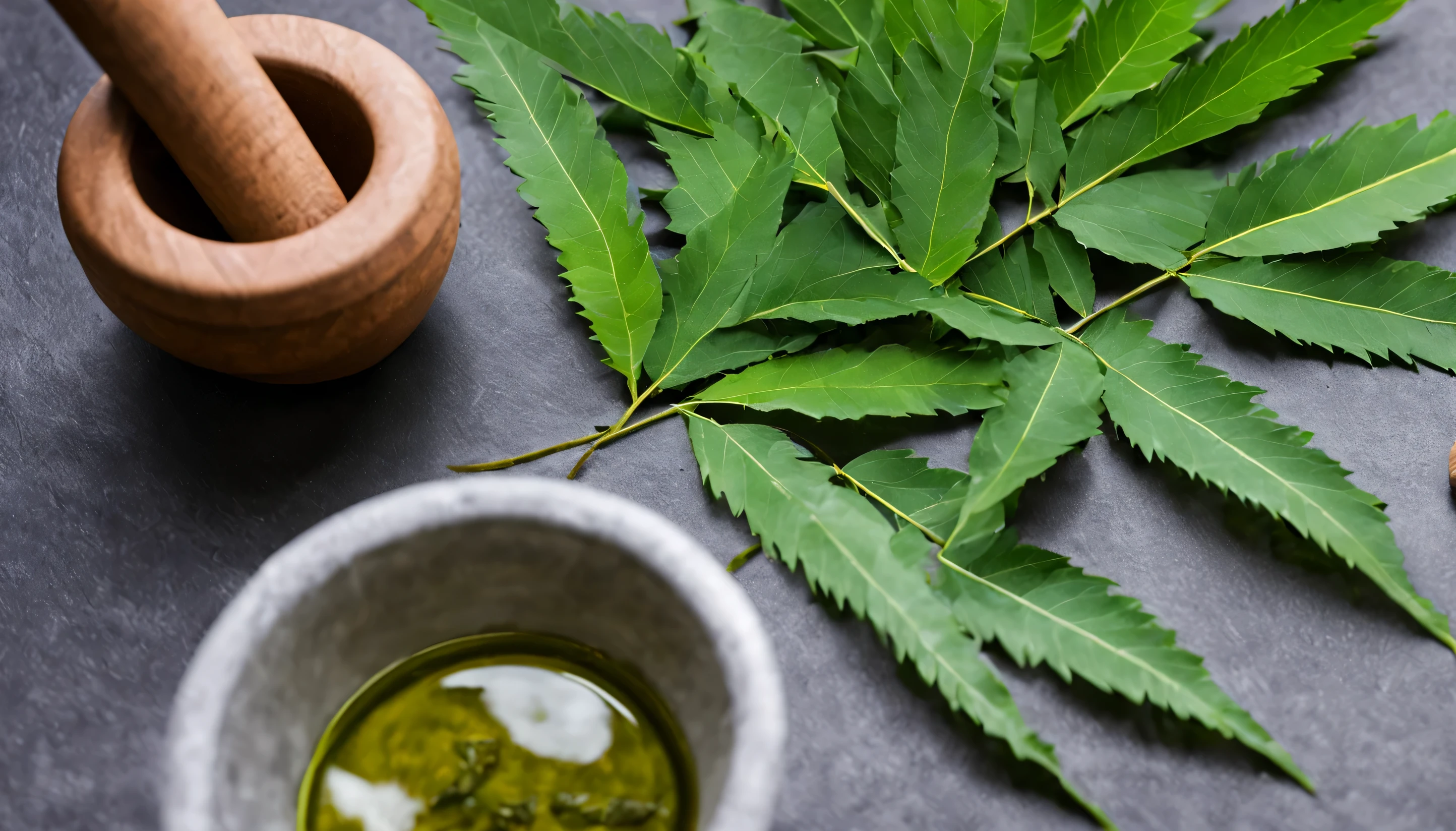 Neem tree leaves next to mortar and pestle