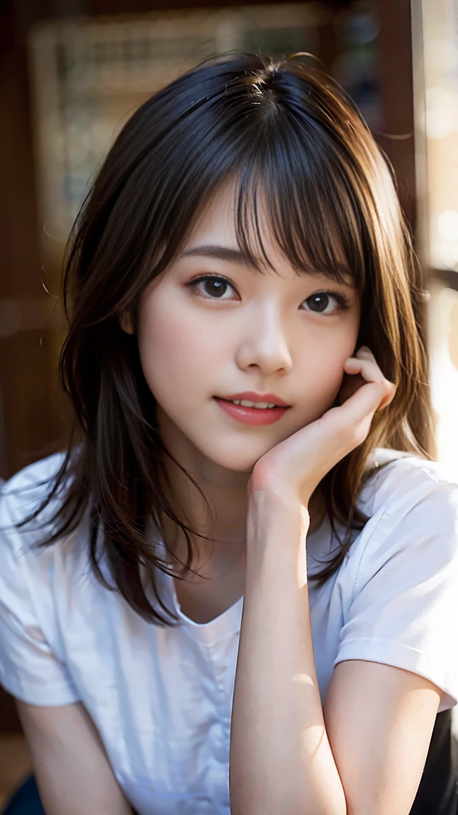 (8k, RAW photo, best quality, masterpiece:1.2), (realistic, photo-realistic:1.37), ultra-detailed, ultra high res,1 girl,looking at viewer,beautiful detailed face,smile,narrow,(slim waist:1.3),shirt, beautiful detailed skin, skin texture, floating hair,professional lighting,