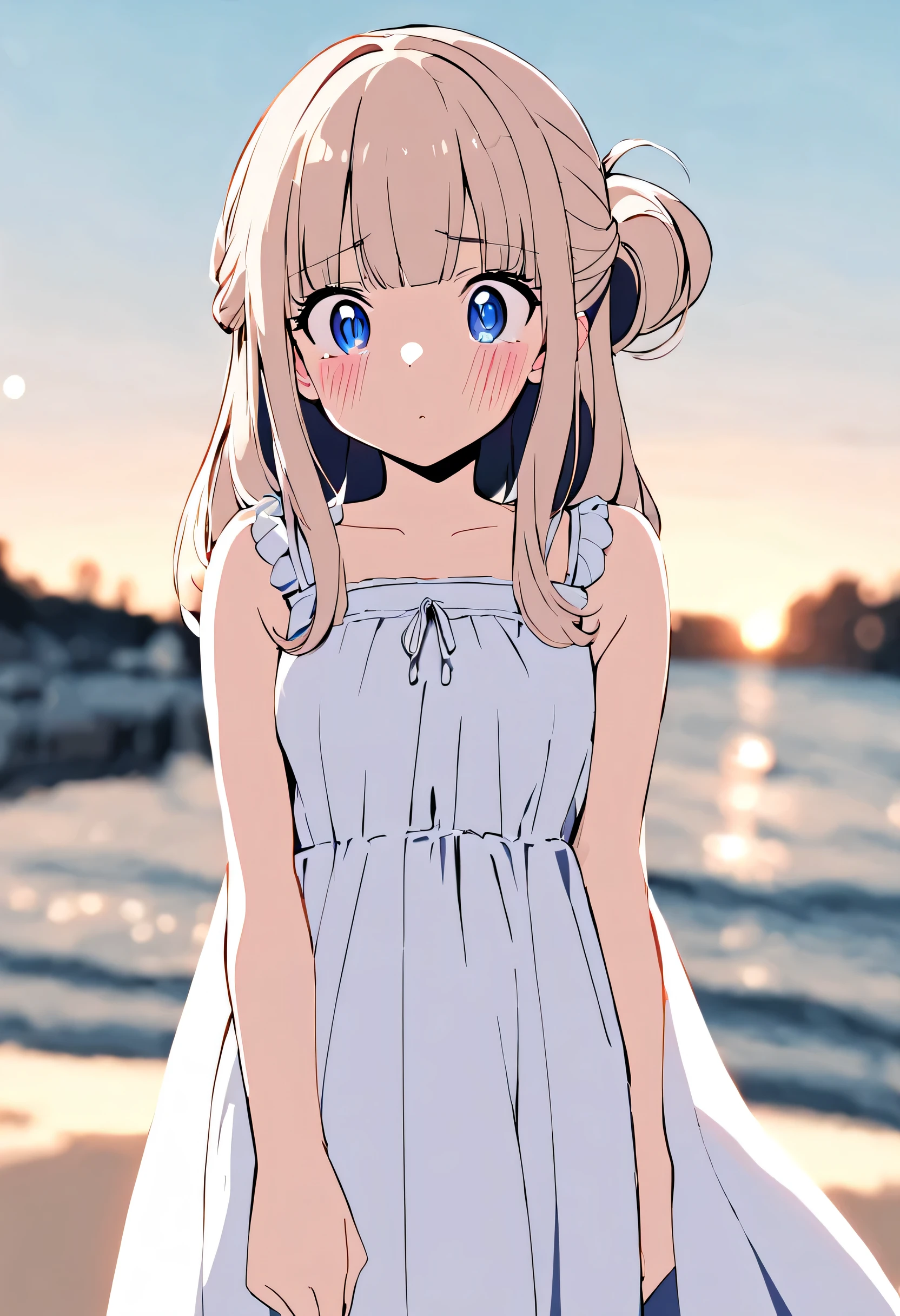1girl,sapphire eyes,incredibly absurdres,(flat color cel shading:0.75),(rough sketch:1),looking at viewer straight on,long hair half-updo,blunt bangs,bokeh,sundress,small breasts,(flustered:1.6),strong windblow,outdoors