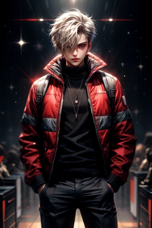 ((best quality)), ((masterpiece)), 8k, (detailed), perfect face ((best quality)), ((masterpiece)), (detailed), perfect face, 1 man, outer space background, light particle, solo, blonde hair with purple tips, two block cut, heterochromia eyes, right eye purple, left eye blue, standing, wearing red jacket and black pants, depth of field, dynamic pose, best lighting