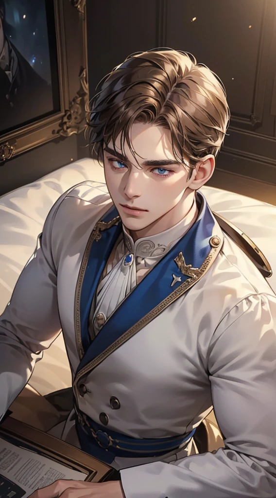 (best quality, masterpiece, 8K, photorealistic, cinematic lighting, 1:4 hdr image, top view, ultra detailed, beautiful image), a mature man, very handsome, short brown hair, blue eyes, perfect face without errors , (CEO).Duke. Era vitoriana