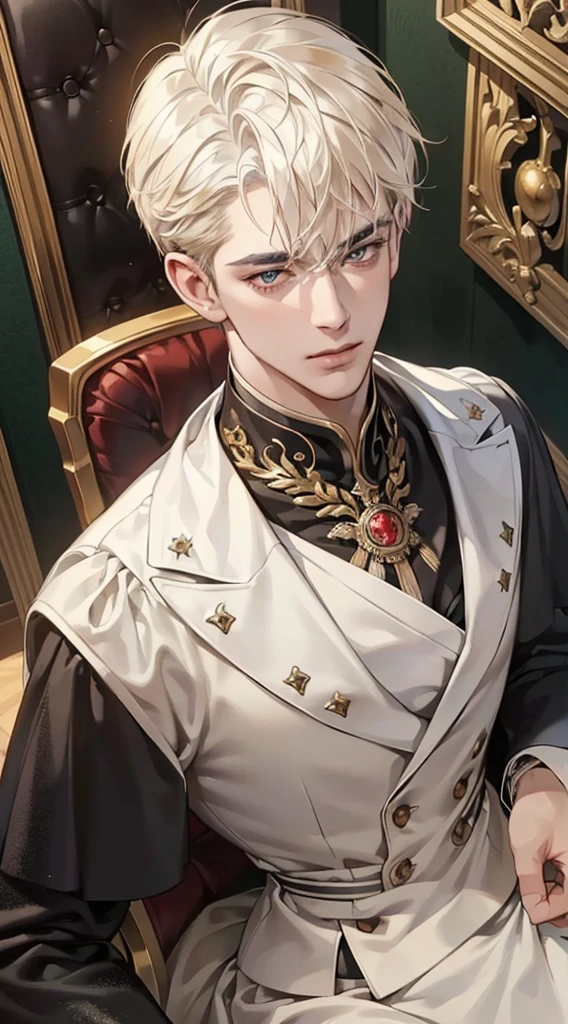 (best quality, masterpiece, 8K, photorealistic, cinematic lighting, 1:4 hdr image, top view, ultra detailed, beautiful image), a mature man, very handsome, short white hair, gold eyes, perfect face without errors , (CEO).Duke. Era vitoriana