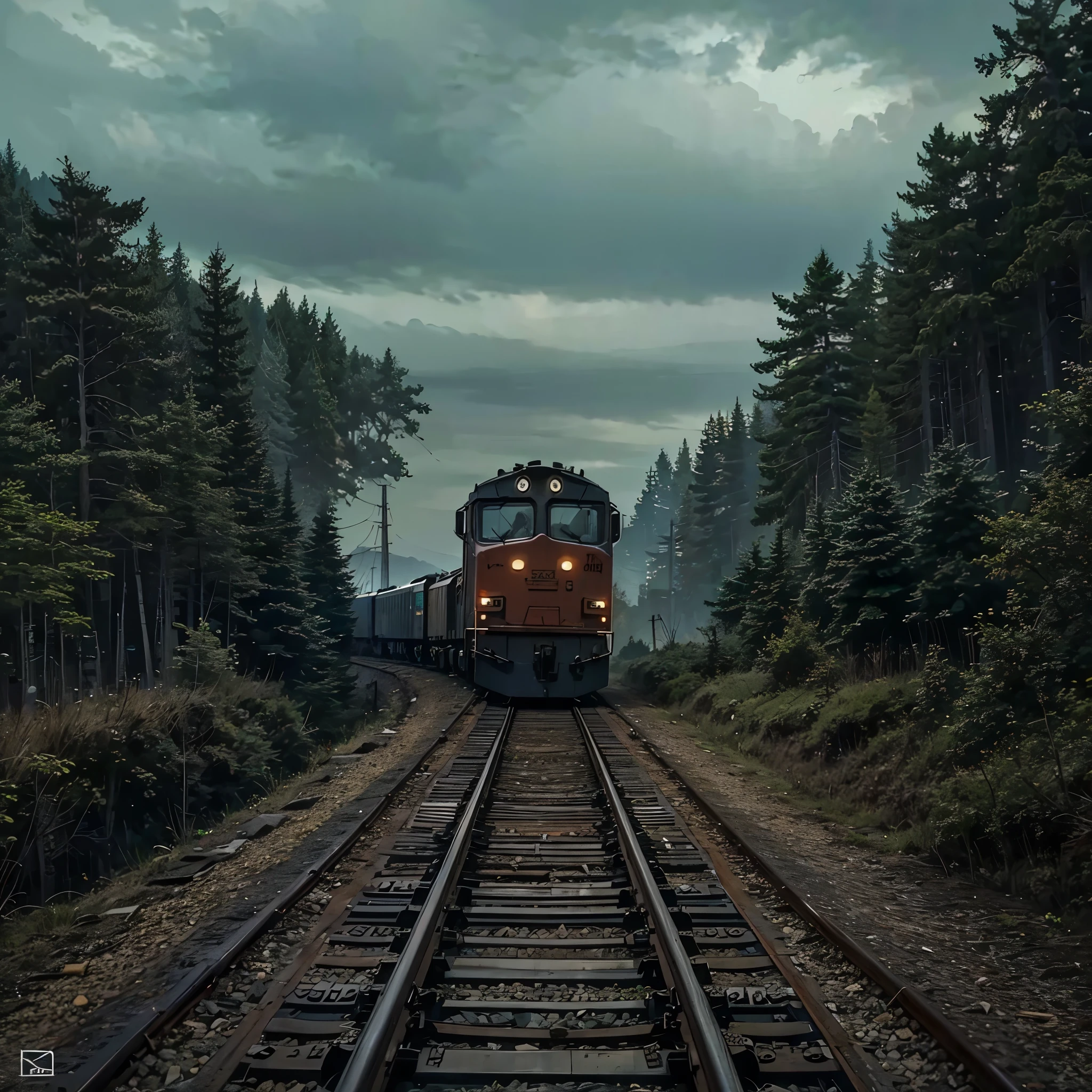 freight train crossing the forest on an overcast day