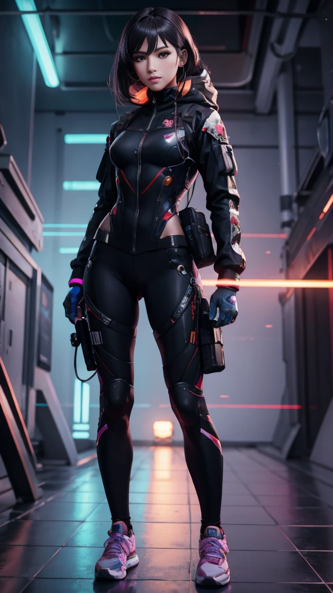 An ultra-realistic and ultra-detailed ((full body portrait)) Intricate Anime Manga Spy Goddess with dark hair, Sneakers, hearts, Standing And Aiming A Bulky Oversized Silenced Gun, Netrunner, Vigilante, Classy, Sassy, Fantastic Colorful Digital Topical Map 🗺️ Background, Futuristic Sexy Fashion Minimalistic Military Clothing, Augmented Reality, Futuristic Rainbow Glowing Presence Of Absolution And Fantastical Force, Sharp Camera Focus, Visual-Depth, Highly Detailed, (Highest Artistic Quality), Over 8k, Upscaled4x.