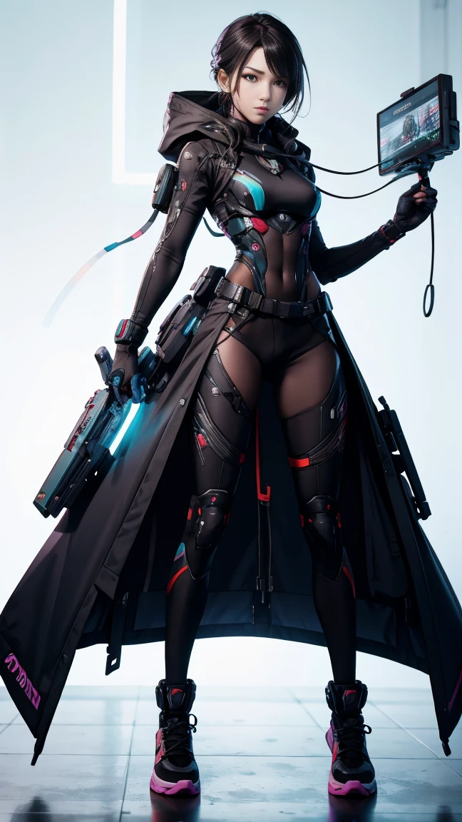 An ultra-realistic and ultra-detailed ((full body portrait)) Intricate Anime Manga Spy Goddess with dark hair, Sneakers, hearts, Standing And Aiming A Bulky Oversized Silenced Gun, Netrunner, Vigilante, Classy, Sassy, Fantastic Colorful Digital Topical Map 🗺️ Background, Futuristic Sexy Fashion Minimalistic Military Clothing, Augmented Reality, Futuristic Rainbow Glowing Presence Of Absolution And Fantastical Force, Sharp Camera Focus, Visual-Depth, Highly Detailed, (Highest Artistic Quality), Over 8k, Upscaled4x.