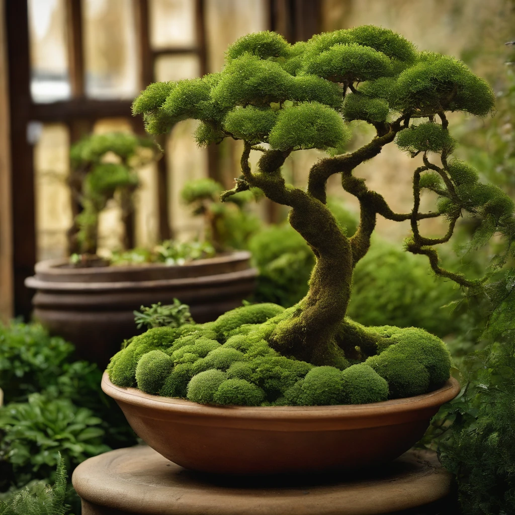 there is a small potted plant tree in a bowl with moss, made of potted plant, potted plant, potted plant tree, galactic potted plant, lush plants and potted plant trees, potted plant trees, potted plant tree house, Moss, Miniature Forest, notophagus, sitting on curly branches, verdant topiary, Twisting organic tendrils, pots, topiary, creeper