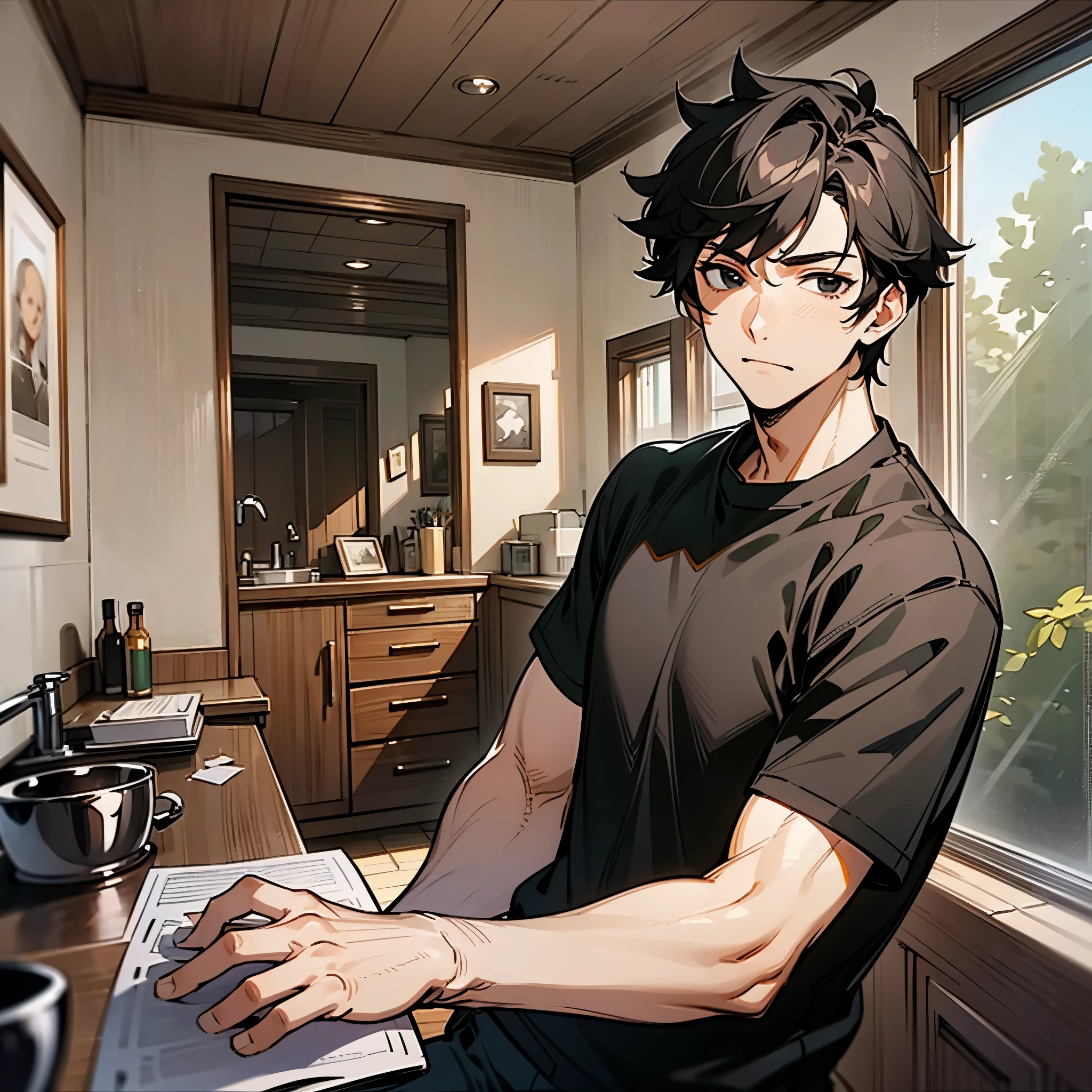 (masterpiece, highres, 4k, extremely detailed) solo, 1male, man, adult, (masculine), handsome, attractive, (house interior as background), sunny black hair, black eyes, black shirt, (looking at viewer), (emotionless)