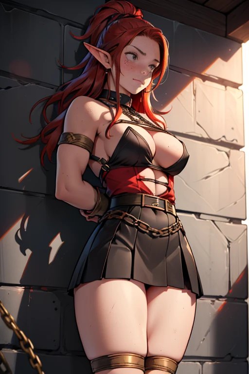 1slave, Full-body art, elf chained to wall, bound, elf girl in shackles, barbarian, girl standing, ((tavern wench clothes)), ((skirt)), ((large breasts)), girl chained , chains, shy and embarrassed expression, bright marketplace, ((very long unkempt red hair)), ((looking at viewer)), ((large muscles)), sweating, ((freckles)), ((front view)), ((angle from below))