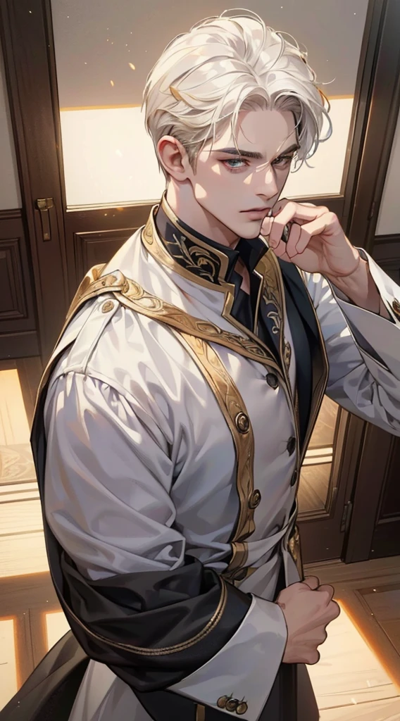 (best quality, masterpiece, 8K, photorealistic, cinematic lighting, 1:4 hdr image, top view, ultra detailed, beautiful image), a mature man, very handsome, short white hair, gold eyes, perfect face without errors , (CEO).Duke.