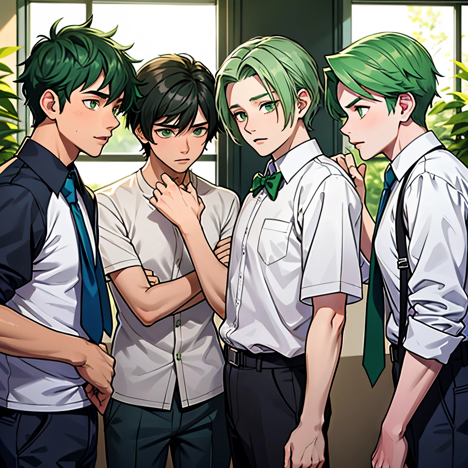 The 4 handsome boys at school are talking with concern about something important that will happen. They are anxious and worried. They are in the school classrooms. They are . They have green hair, green eyes.