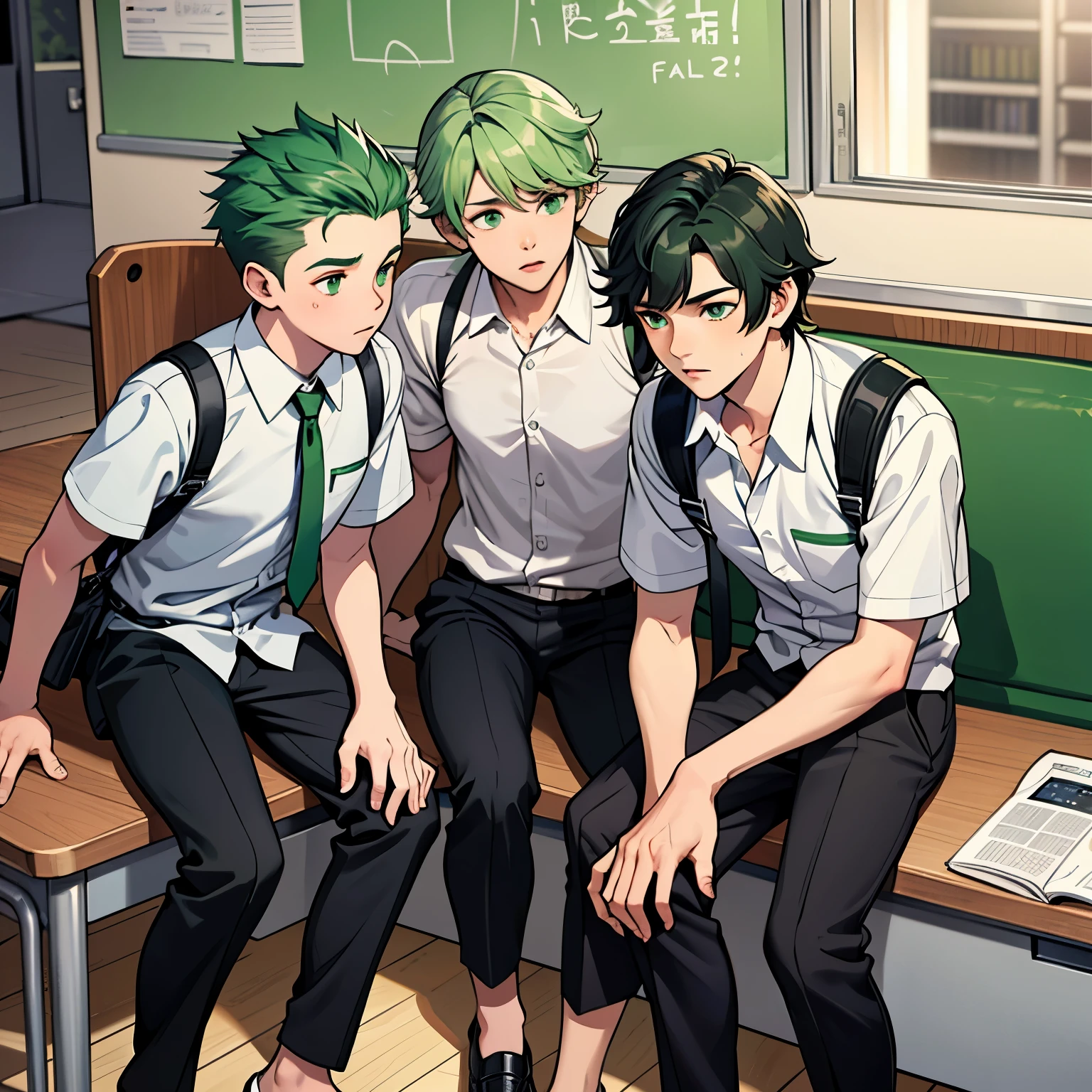 The 4 handsome boys at school are talking with concern about something important that will happen. They are anxious and worried. They are in the school classrooms. They are 14 and 15 years old. They have green hair, green eyes.