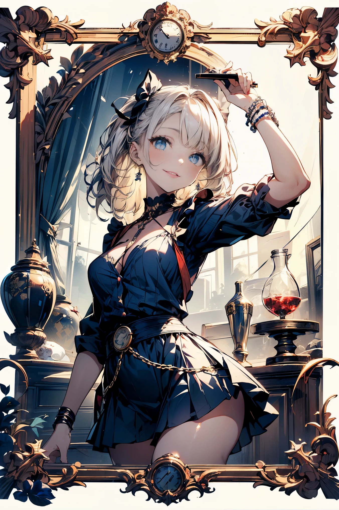 (master piece, high-quality, Mystical, Beautifully Aesthetic, ideal ratio of body proportions, image art, Impresionism), (ultra high resolution, 8K RAW photo, photo realistics, natural lighting, textile shading), (1 matured woman:1.3, solo:1.5, milf:1.1, nsfw:1.25), (Fractal pattern Art:1.2), shinny skin, tile patterns, ((alice in the wonderland:1.2, a girl floating in air:1.35, smiling with half-closing eyes)), ((flying PlayingCards, Trump, floating tea cup, floating tea pot, pocket watch:1.3, big mirror, lip sticks, candys, jam bottles)), cute animetic white rabbit, ((dark-Blue dress :1.5, a miniskirt, White Apron, white sock)), (platinum-blonde, tied hair with a ribbon), (Blue eyes, bright pupils with highlights, detailed eyes), (lying on your back:1.2, leaning backward:1.2, with rising up legs:1.3), ((dutch angle:1.5, full body:1.3, from below:1.2)), Exotic wallpapers, colorful image, simply background, fantastic, fantasy:1.5, ((correct anatomy:1.5, correct hand)), 