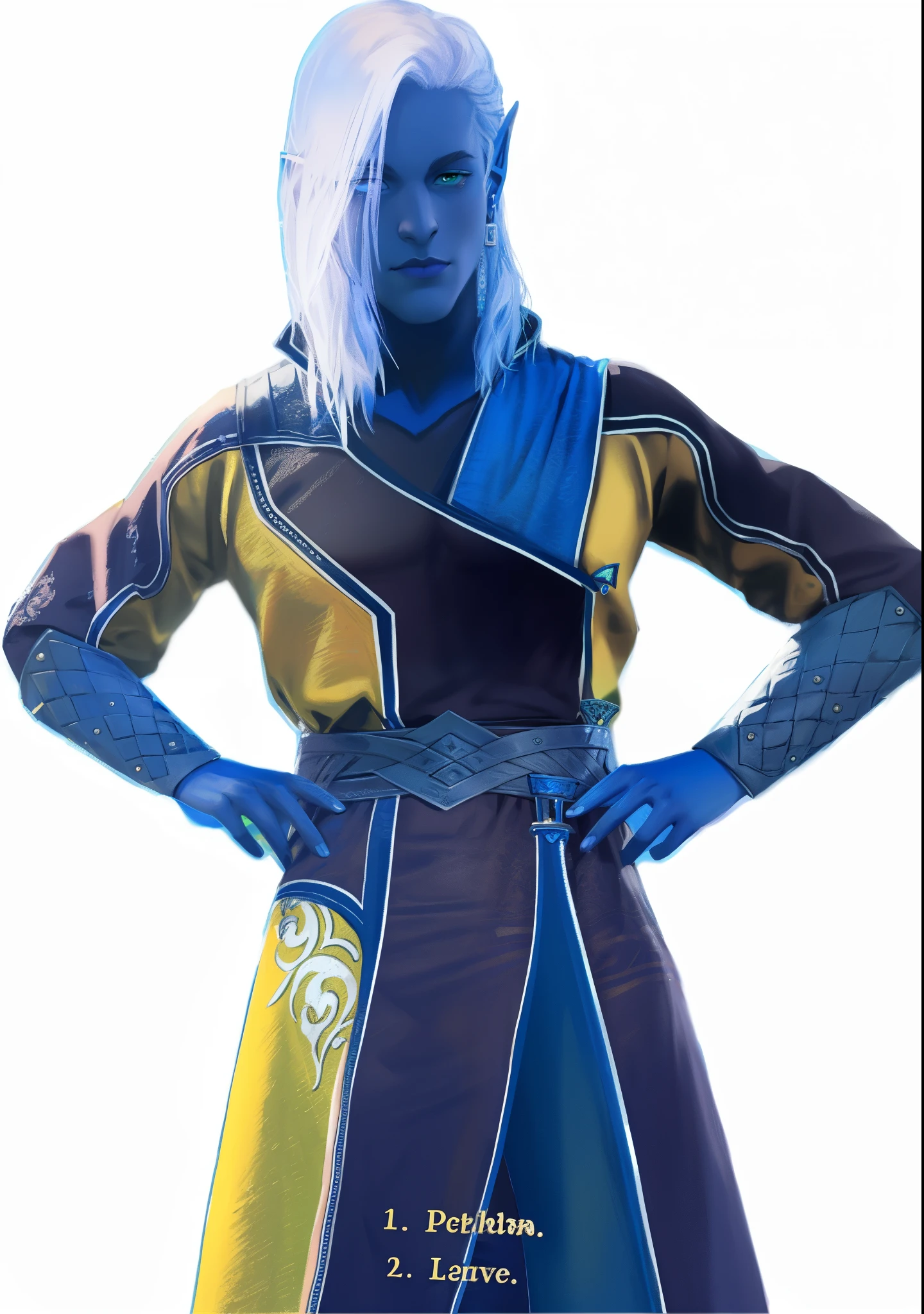 a drow elf dnd, heterochromia, blue and green eyes, elf ears, grey skin, male, middle aged, mature, wearing multicolored robe, sword earring, magenta lips,