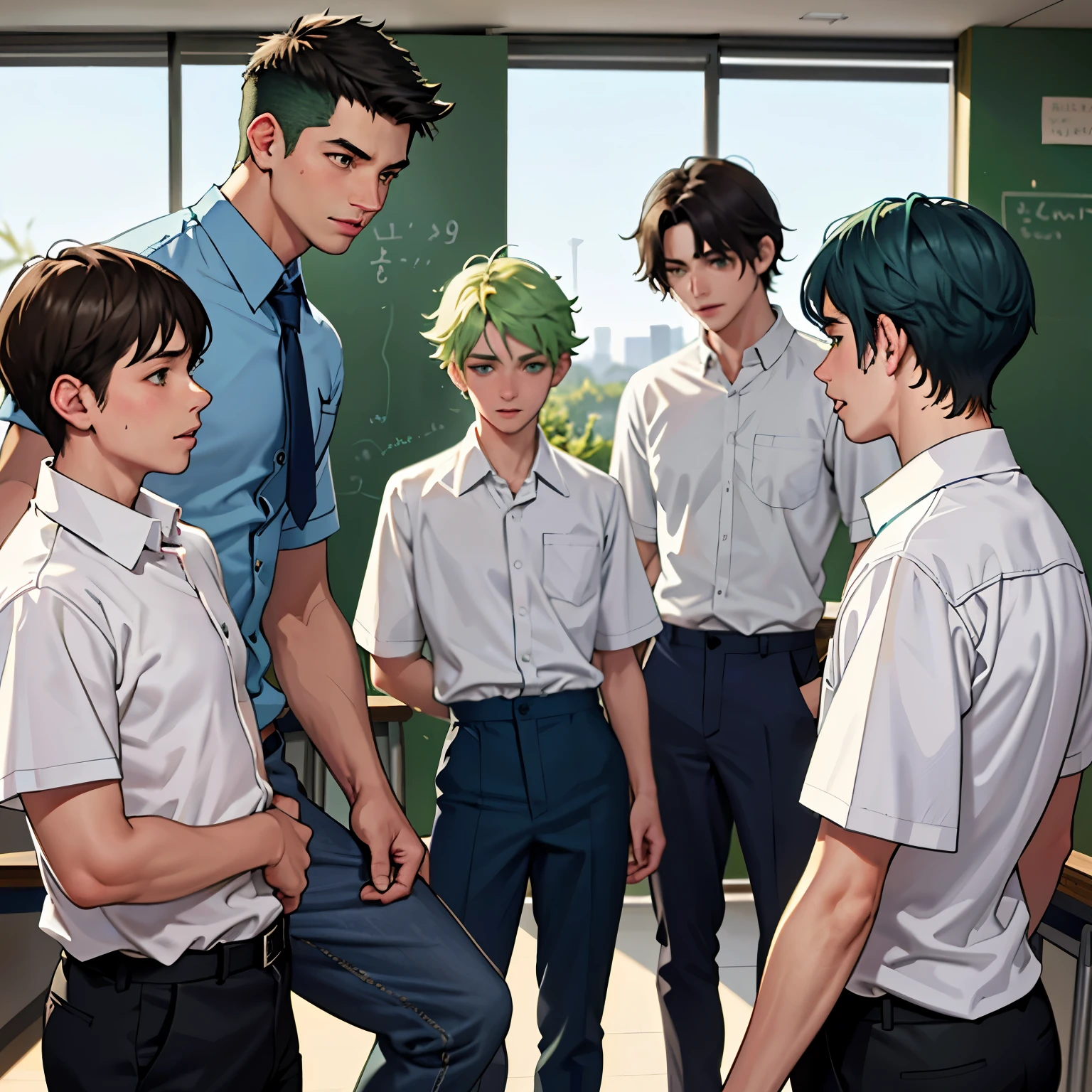 los 4 chicos guapos de la ecuela camisa azul y pantalon blanco, They are talking with concern about something important that will happen. They are anxious and worried. They are in the school classrooms. They are 14 and 15 years old. They have green hair, green eyes.