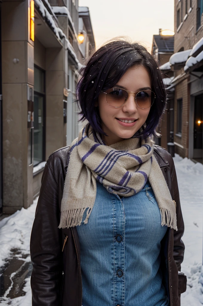 "A photorealistic portrait of a 25-year-old American girl with short purple hair and blue eyes, Wearing sunglasses, huge breasts, blue jeans, brown leather jacket, scarf, ear muffs. She should have a big smile and be illuminated by soft lighting with a sunset, its snowing outside. The background should be and urban street outdoor. Capture this image with a high-resolution photograph using an 85mm lens for a flattering perspective."