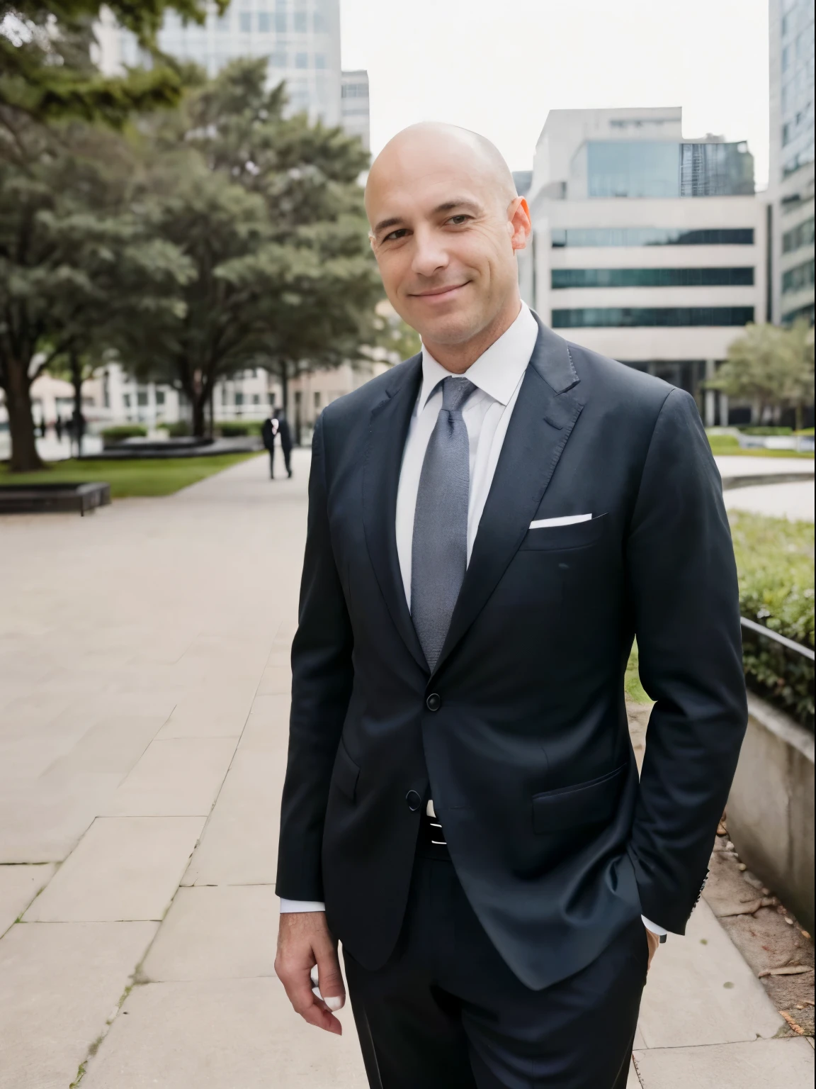 ((best quality)), ((masterpiece)), (detailed), (((55 year old bald man))), very stylish, executive portrait, half body shot, ((outside)), in city park with buildings, (((wearing dark suit}}}, ((professional business photo)) little smile, facing forward, round face