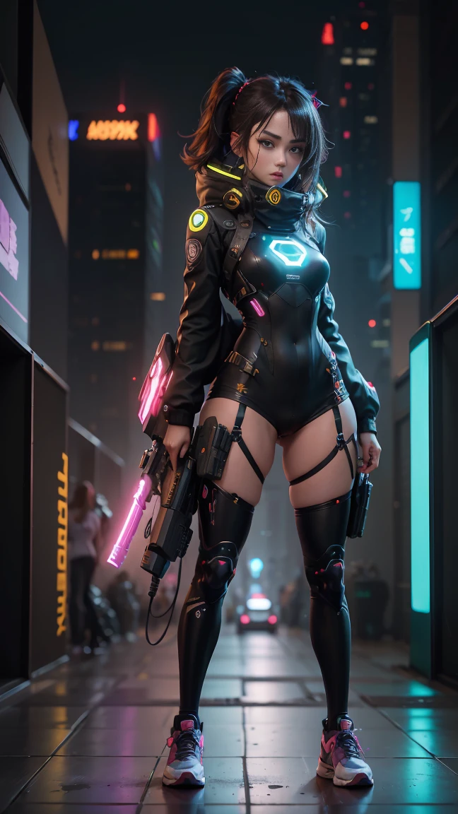 (Top image quality), (8K picture quality),(master piece), (very detailed image textures), (cyber punk perssonage),(beautiful effects), (vibrant colors), (detailed face),(detailed hair), (detailed eyes), (cyberpunk cityscape:1.4), (cyberpunk city landscape:1.5),vivid colors, cinematic lights, cinema shadows, sharp image, bright sprites, (pink neon lights:1.5),flashing red, lightparticle effects, 1 female, 28 years old, ( curvy body 1.3))), (beautiful:1.4), brunette hair,(dark hair:1.3+pink hair:1.2), (confident smile:1.2),(cyberpunk outfit),(Gatling gun:1.2) (photo from bottom up),