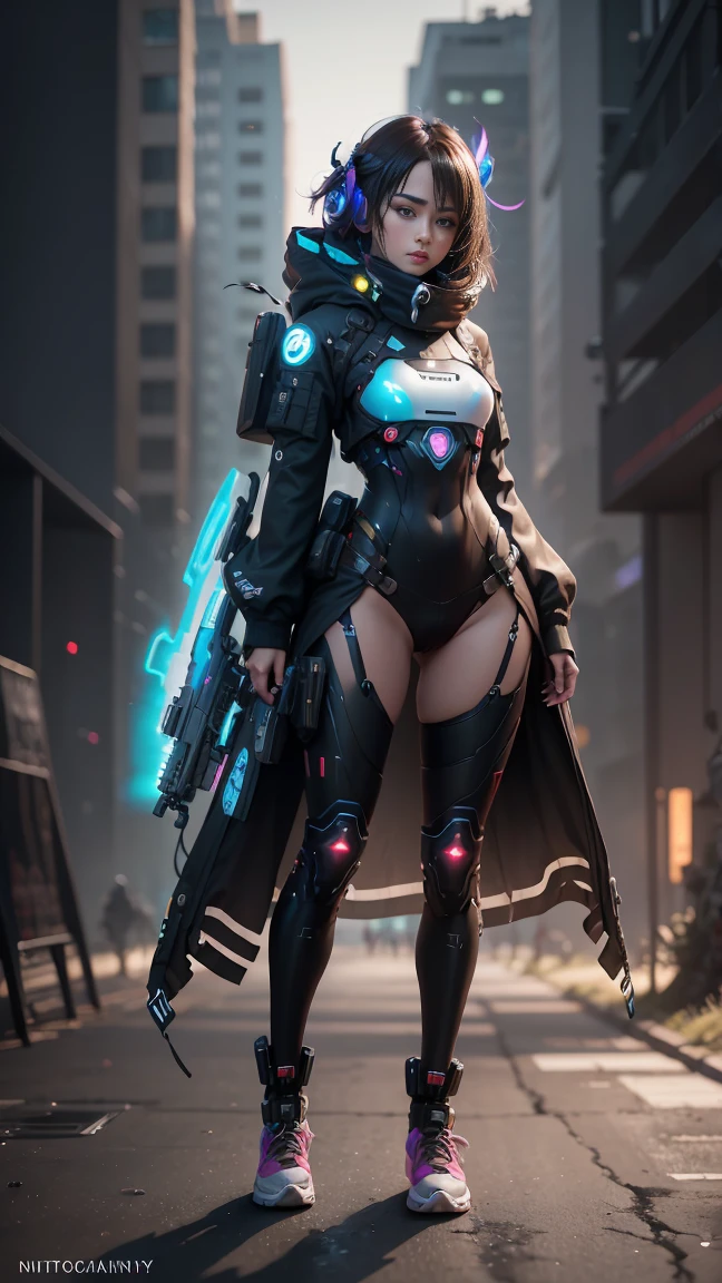 An ultra-realistic and ultra-detailed ((full body portrait)) Intricate Anime Manga Cyber-Spy Caucasian Goddess with dark hair, Sneakers, hearts, Standing And Aiming A Bulky Oversized Silenced Gun, Netrunner, Vigilante, Classy, Sassy, Fantastic Colorful Digital Topical Map 🗺️ Background, Futuristic Sexy Fashion Minimalistic Military Clothing, Augmented Reality, Futuristic Rainbow Glowing Presence Of Absolution And Fantastical Force, Sharp Camera Focus, Visual-Depth, Highly Detailed, (Highest Artistic Quality), Over 8k, Upscaled4x.