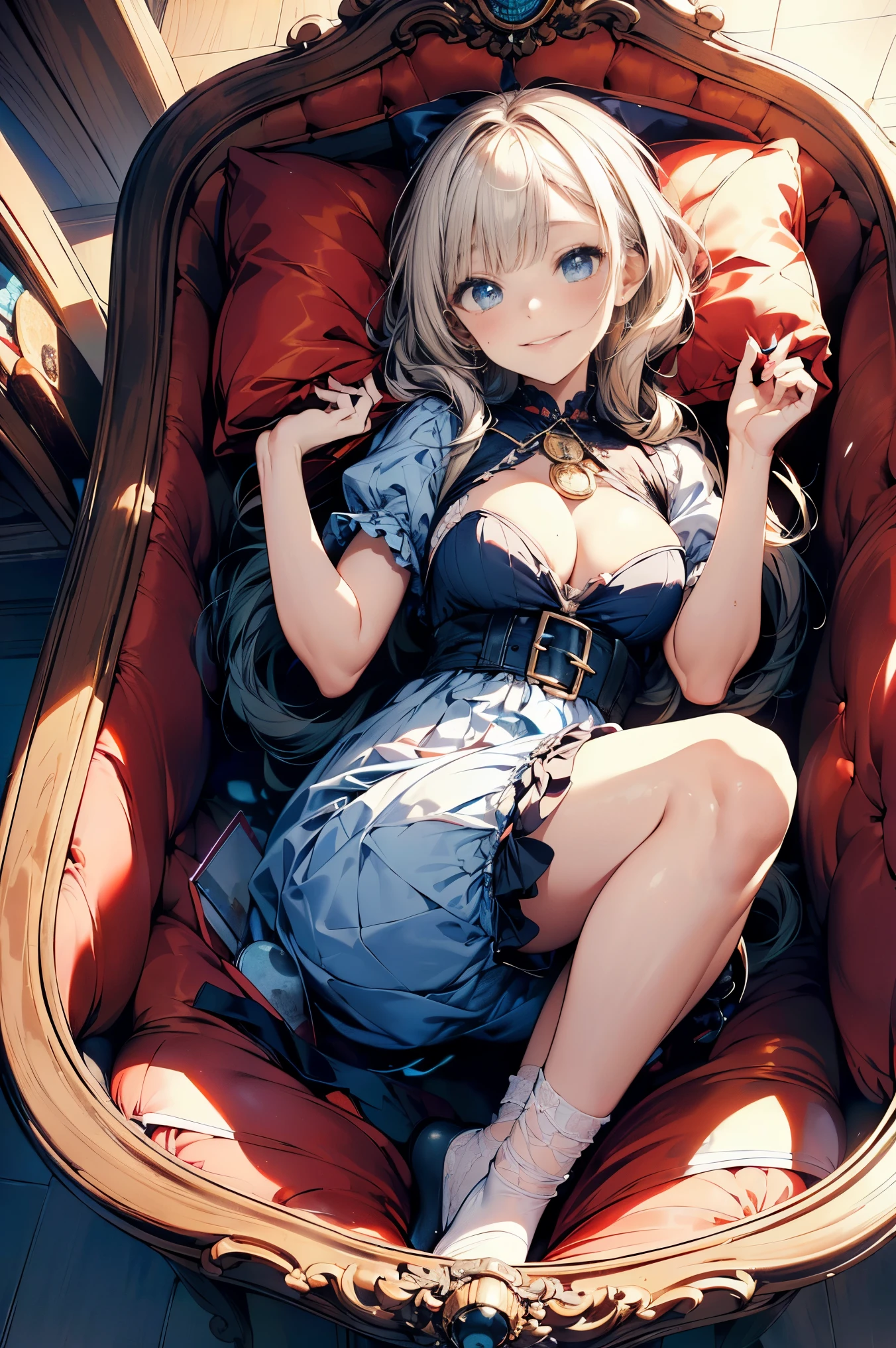 (master piece, high-quality, Mystical, Beautifully Aesthetic, ideal ratio of body proportions, image art, Impresionism), (ultra high resolution, 8K RAW photo, photo realistics, natural lighting, textile shading), (1 matured woman:1.3, solo:1.5, milf:1.1, nsfw:1.25), (Fractal pattern Art:1.2), shinny skin, tile patterns, ((alice in the wonderland:1.2, a girl floating in air:1.35, smiling with half-closing eyes)), ((flying PlayingCards, Trump, floating tea cup, floating tea pot, pocket watch:1.3, big mirror, lip sticks, candys, jam bottles)), cute animetic white rabbit, ((dark-Blue dress :1.5, a miniskirt, White Apron, white sock)), (platinum-blonde, tied hair with a ribbon), (Blue eyes, bright pupils with highlights, detailed eyes), (lying on your back:1.2, leaning backward:1.2, with rising up legs:1.3), ((dutch angle:1.5, full body:1.3, from below:1.2)), Exotic wallpapers, colorful image, simply background, fantastic, fantasy:1.5, ((correct anatomy:1.5, correct hand)),