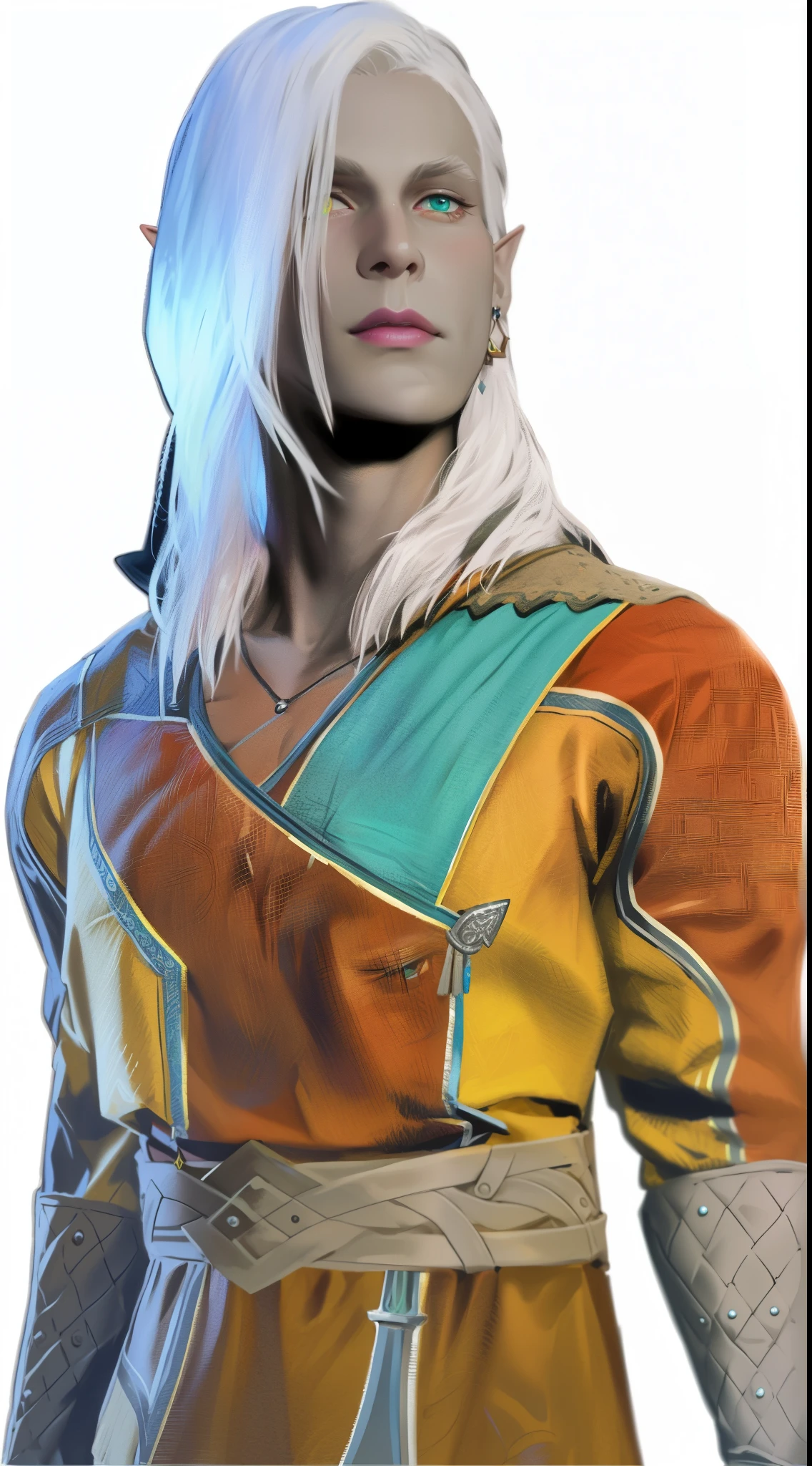 a drow elf dnd, heterochromia, blue and green eyes, elf ears, grey skin, male, middle aged, mature, wearing multicolored robe, sword earring, magenta lips, 