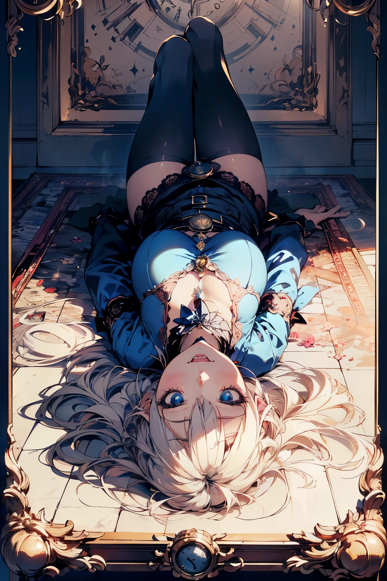 (master piece, high-quality, Mystical, Beautifully Aesthetic, ideal ratio of body proportions, image art, Impresionism), (ultra high resolution, 8K RAW photo, photo realistics, natural lighting, textile shading), (1 matured woman:1.3, solo:1.5, milf:1.1, nsfw:1.25), (Fractal pattern Art:1.2), shinny skin, tile patterns, ((alice in the wonderland:1.2, a girl floating in air:1.35, smiling with half-closing eyes)), ((flying PlayingCards, Trump, floating tea cup, floating tea pot, pocket watch:1.3, big mirror, lip sticks, candys, jam bottles)), cute animetic white rabbit, ((dark-Blue dress :1.5, a miniskirt, White Apron, white sock)), (platinum-blonde, tied hair with a ribbon), (Blue eyes, bright pupils with highlights, detailed eyes), (lying on your back:1.2, leaning backward:1.2, with rising up legs:1.3), ((dutch angle:1.5, full body:1.3, from below:1.2)), Exotic wallpapers, colorful image, simply background, fantastic, fantasy:1.5, ((correct anatomy:1.5, correct hand)),