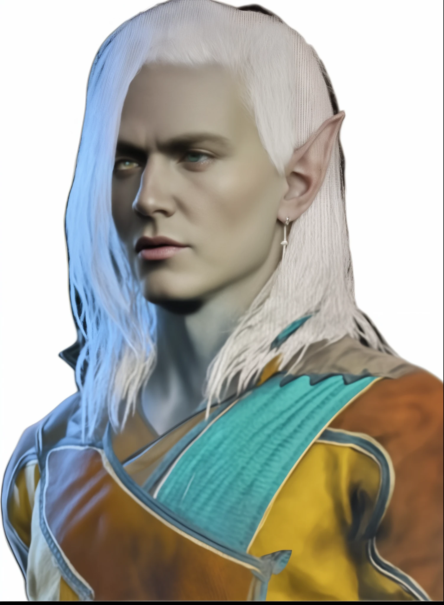 a drow elf dnd, heterochromia, blue and green eyes, elf ears, grey skin, male, middle aged, mature, wearing multicolored robe, sword earring, magenta lips, 