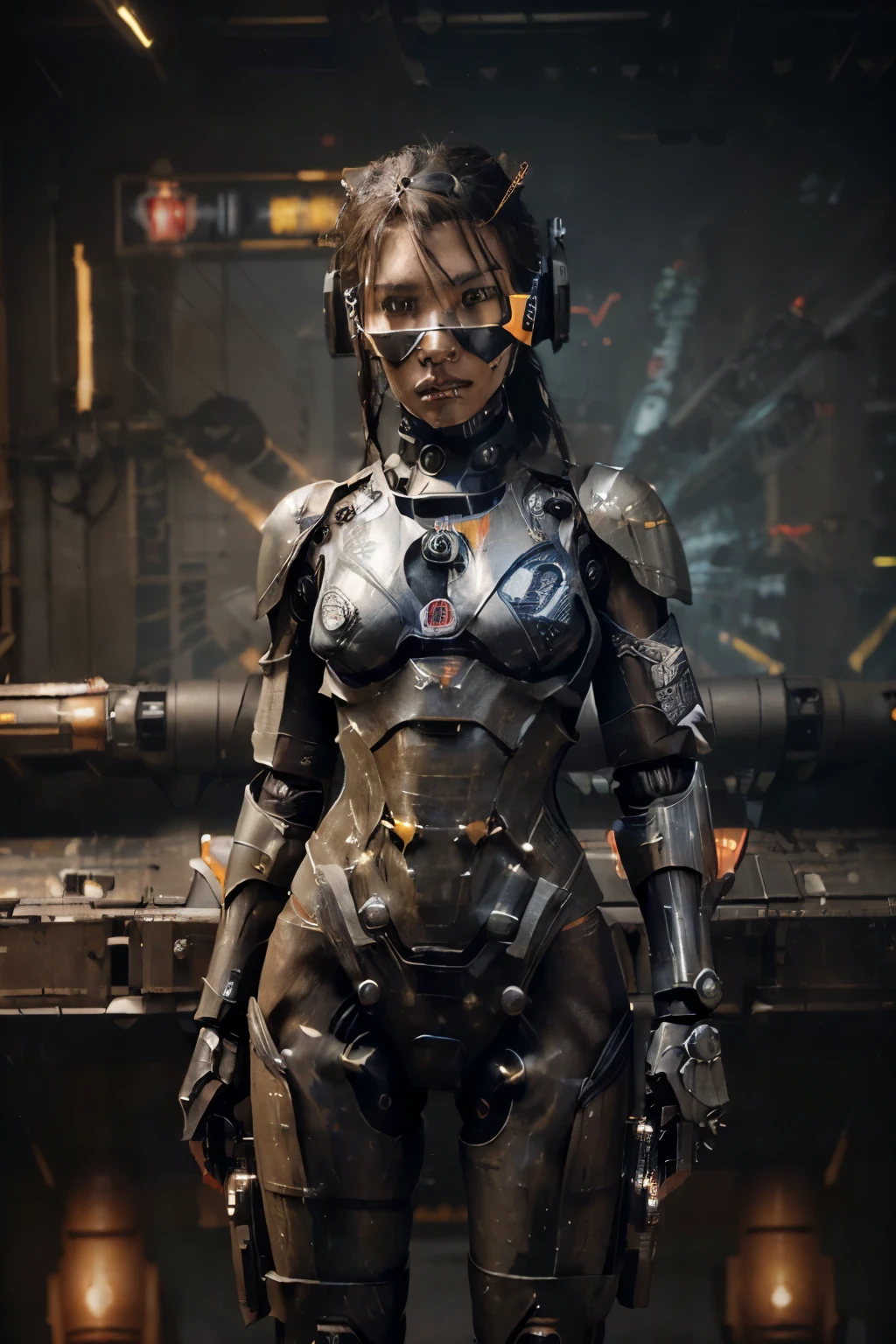 Highly detailed CG Unity 32k wallpaper, top quality, masterpiece, RAW photos, realistic, highest resolution, professional photography, dynamic, cinematic lighting, (cyberpunk:1.4), Science-Fiction, sharp focus, depth of field, (perfect body, correct anatomy:1.5), Intricately detailed face, A face full of expression, throw, (In front of you:1.3), 1 girl, japanese girl, ((Female Soldier:1.3)), alone, cowboy shot, black hair, Short hair, Surreal skin, detailed skin, tan, (dark and light eyes:1.4), Highly detailed nose and lips, (sharp face:1.2), ((disguised, Combat Uniform:1.5)), (slim, medium chest:1.5), ((Powered suit, Mechanical armor:1.4)), perfect body proportion, Weaponizing the exoskeleton, The girl&#39;s body is highly weaponized, hostile expression, (((Powered suit equipped with a large main gun:1.5))), (((1 main gun on the girl&#39;s right shoulder:1.3))), battlefield,dystopia