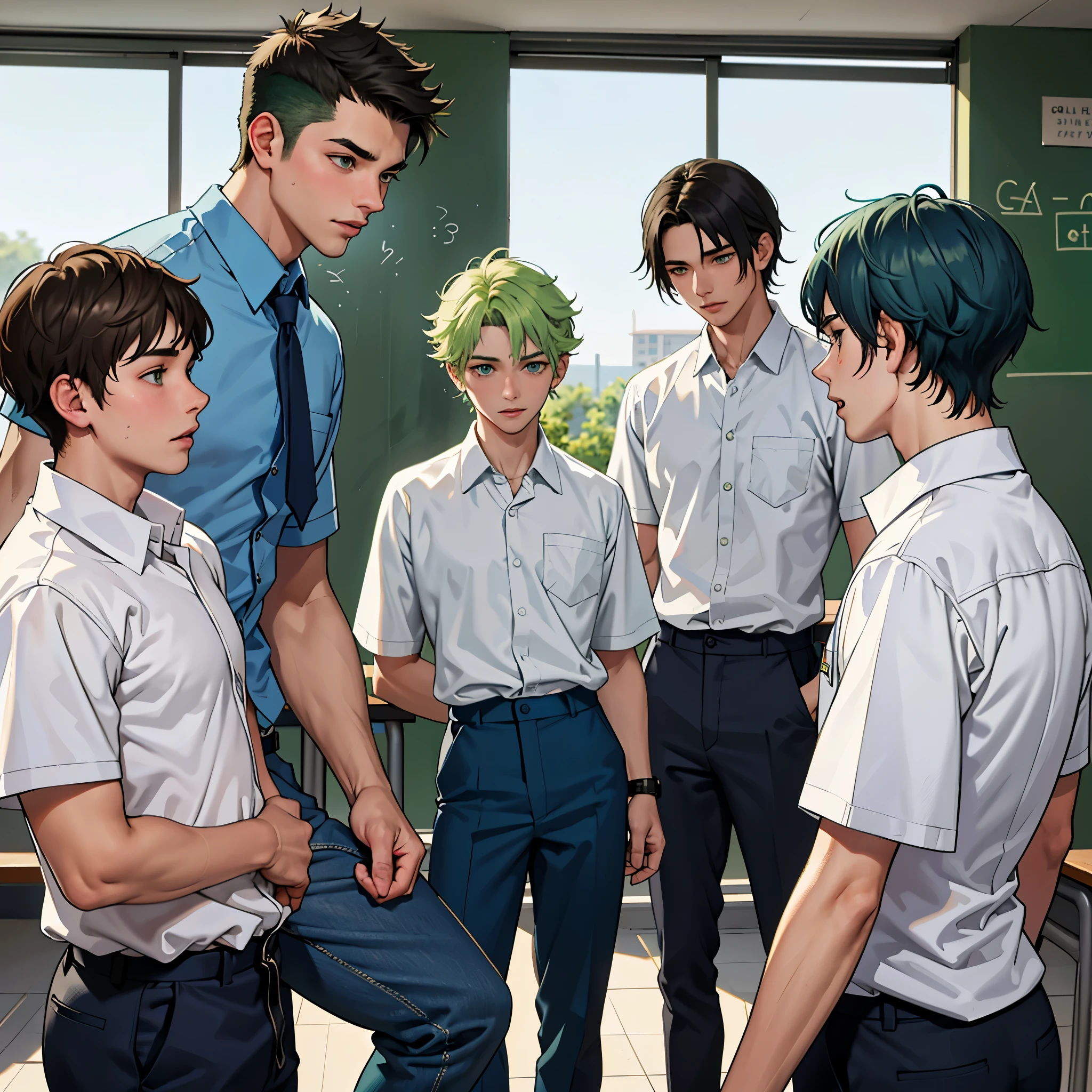 los 4 chicos guapos de la ecuela camisa azul y pantalon blanco, They are talking with concern about something important that will happen. They are anxious and worried. They are in the school classrooms. They are 14 and . They have green hair, green eyes.