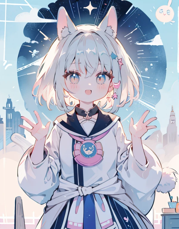 アジイチゴstyle，Big eyes, Bold line, cute,,Yukura.Khoico,,Upper body up to waist height,.\(style\):Kawaii style,,Location\):\1 girl,,..\(exterior\): consistency,smile,White rabbit ears,(Pastel Color style:1.1),,..\(action\):,,..\(quality\): 最高quality,table top,,.,
