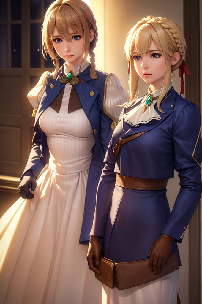  {{Masterpiece, highest quality, (((Photorealistic, Photorealsitic:1.37))), ((solo)), 8K quality, very delicate and beautiful , amazing, detailed official art, ridiculous, incredibly ridiculous, huge file size, ultra-detailed, highly detailed, cinematic lighting}}, Violet Evergarden, Violet Evergarden, blonde, blue eyes, hair ribbon, bowknot, short hair, braids, braids, red ribbon, mature woman, break blue jacket, brown gloves, cropped jacket, dress, Gloves, green brooch, jacket, Juliet sleeves, long sleeves, puffy sleeves, white dress, waiting for the Major to return at the station.