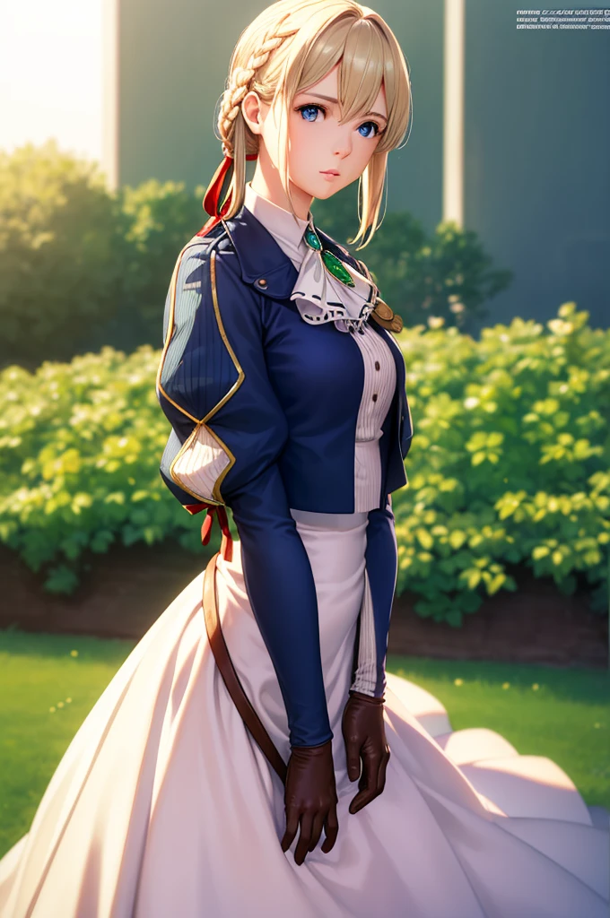  {{Masterpiece, highest quality, (((Photorealistic, Photorealsitic:1.37))), ((solo)), 8K quality, very delicate and beautiful , amazing, detailed official art, ridiculous, incredibly ridiculous, huge file size, ultra-detailed, highly detailed, cinematic lighting}}, Violet Evergarden, Violet Evergarden, blonde, blue eyes, hair ribbon, bowknot, short hair, braids, braids, red ribbon, mature woman, break blue jacket, brown gloves, cropped jacket, dress, Gloves, green brooch, jacket, Juliet sleeves, long sleeves, puffy sleeves, white dress, waiting for the Major to return at the station.